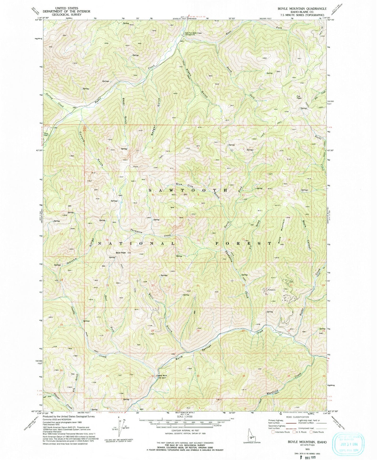 Classic USGS Boyle Mountain Idaho 7.5'x7.5' Topo Map Image