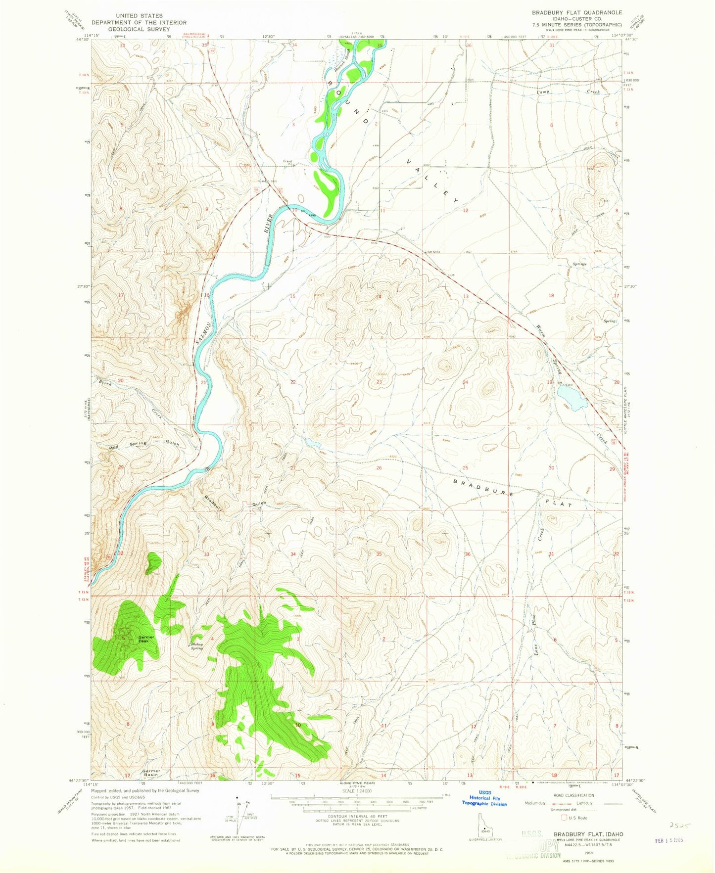 Classic USGS Bradbury Flat Idaho 7.5'x7.5' Topo Map Image