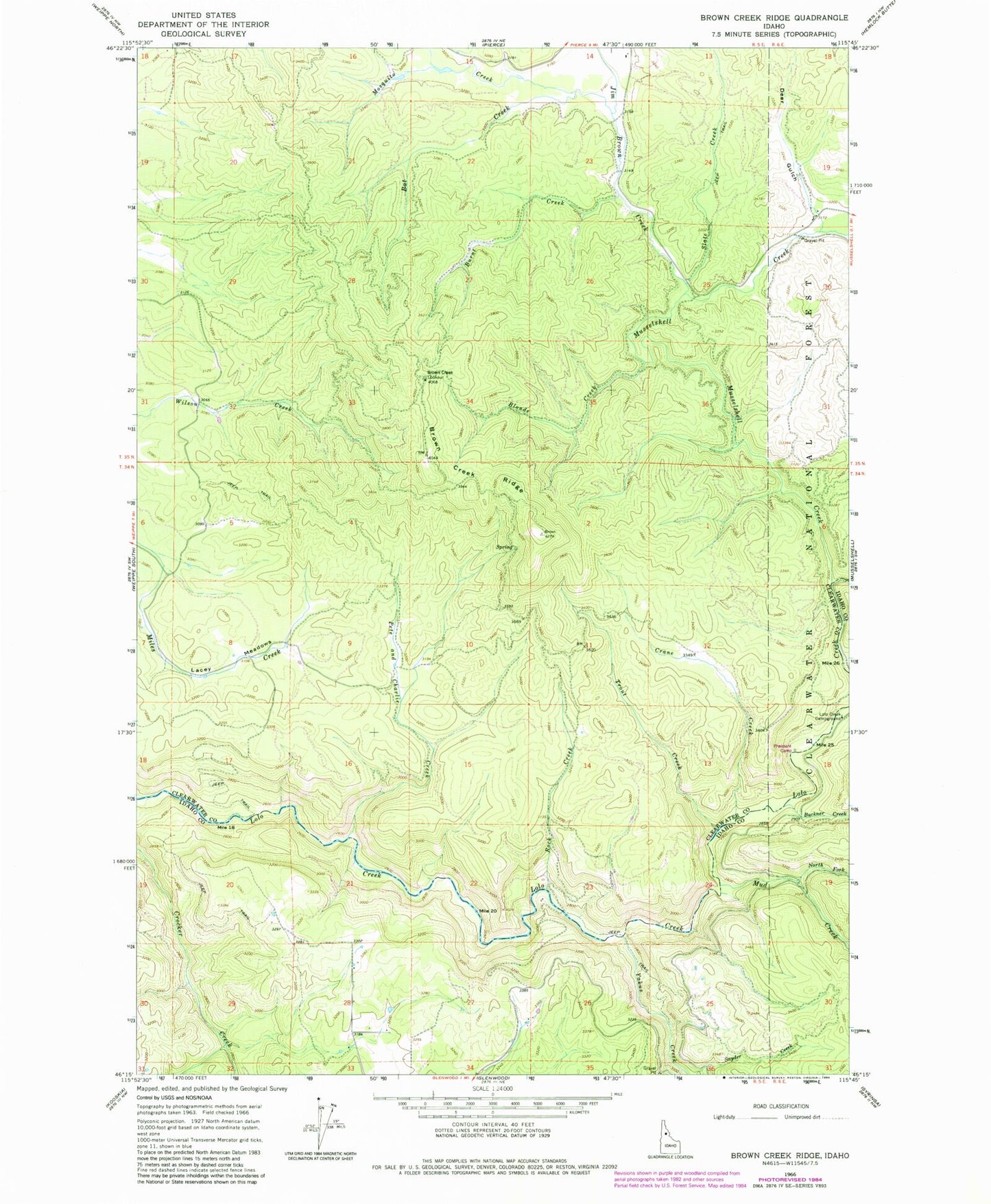 Classic USGS Brown Creek Ridge Idaho 7.5'x7.5' Topo Map Image