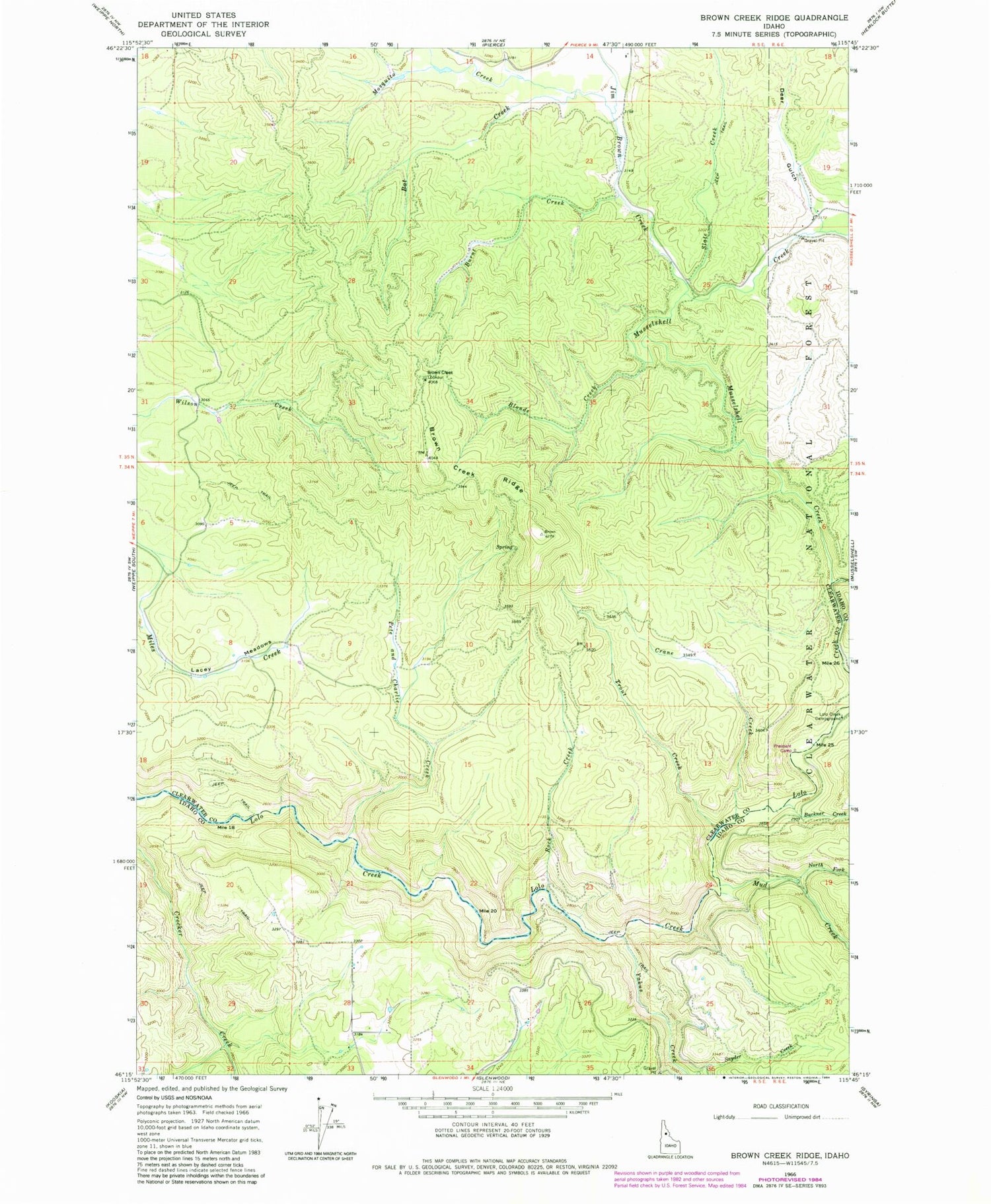 Classic USGS Brown Creek Ridge Idaho 7.5'x7.5' Topo Map Image