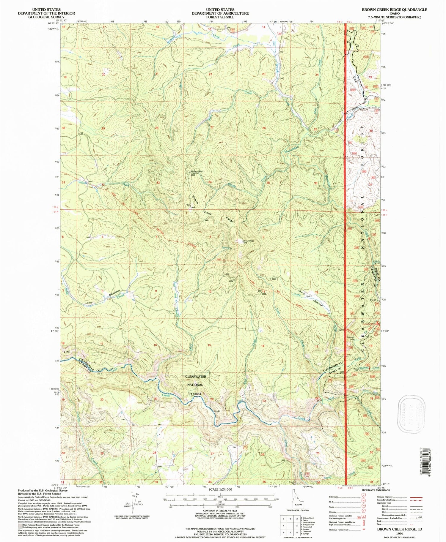 Classic USGS Brown Creek Ridge Idaho 7.5'x7.5' Topo Map Image