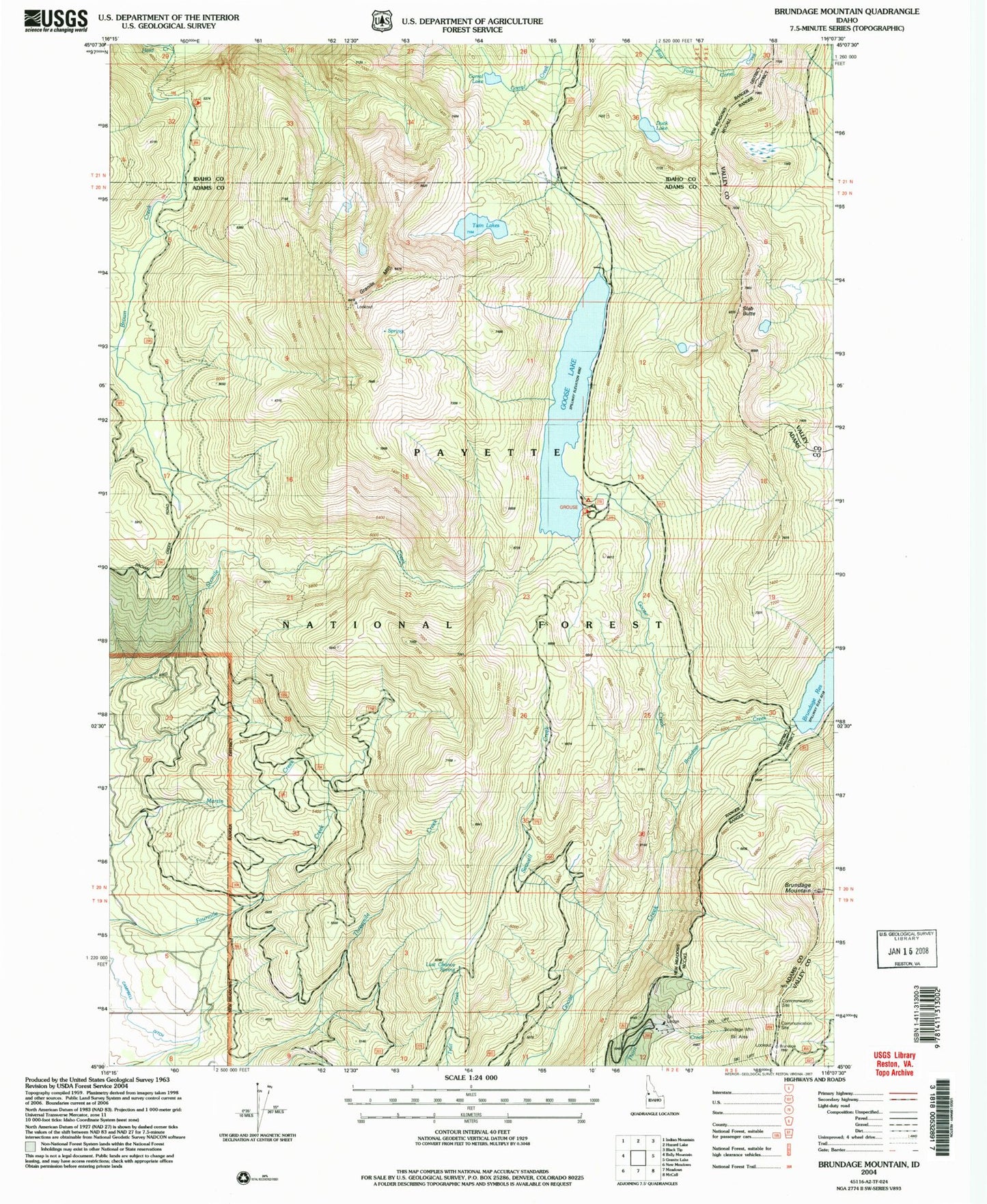 Classic USGS Brundage Mountain Idaho 7.5'x7.5' Topo Map Image