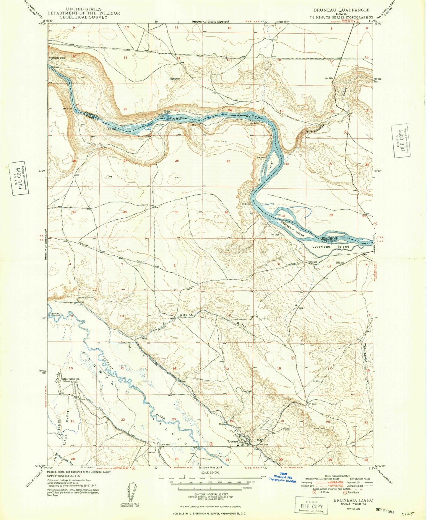 Classic USGS Bruneau Idaho 7.5'x7.5' Topo Map Image