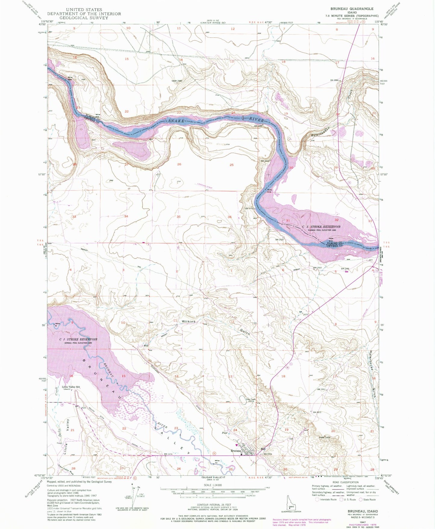 Classic USGS Bruneau Idaho 7.5'x7.5' Topo Map Image