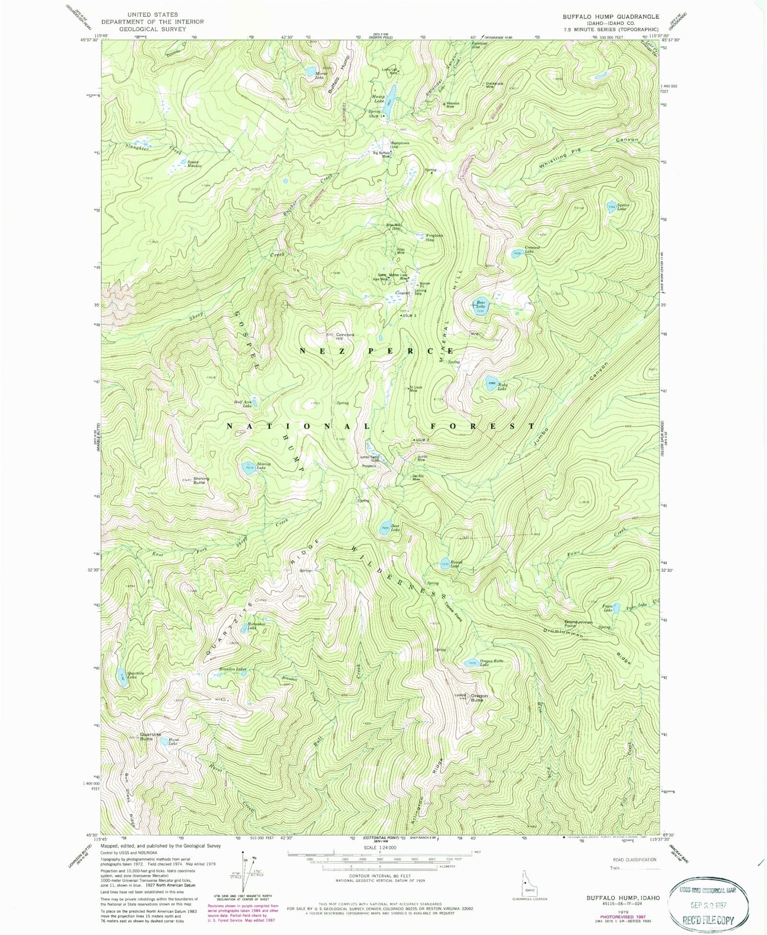 Classic USGS Buffalo Hump Idaho 7.5'x7.5' Topo Map Image