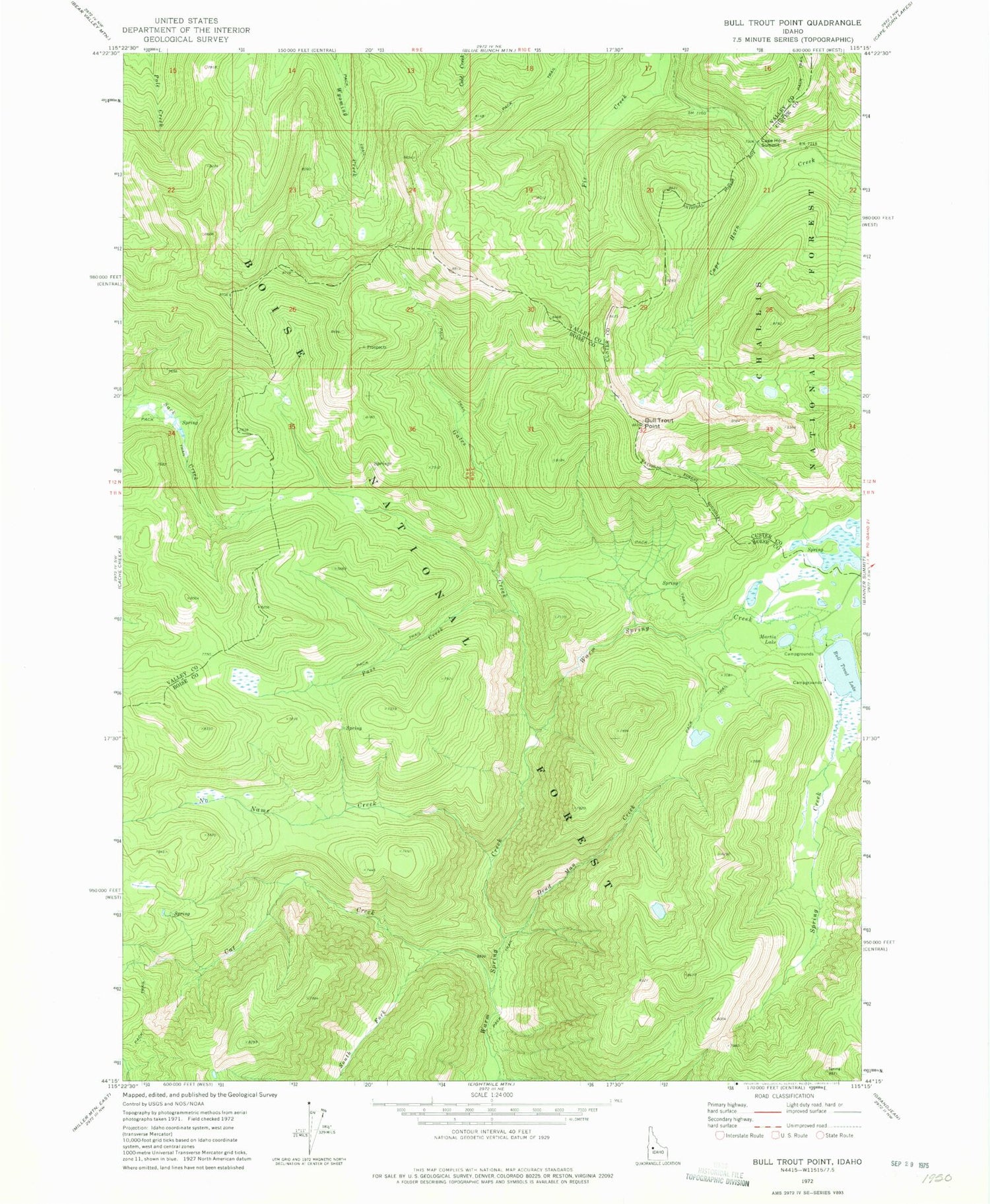 Classic USGS Bull Trout Point Idaho 7.5'x7.5' Topo Map Image