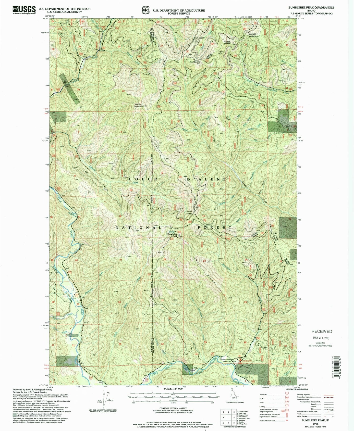 Classic USGS Bumblebee Peak Idaho 7.5'x7.5' Topo Map Image