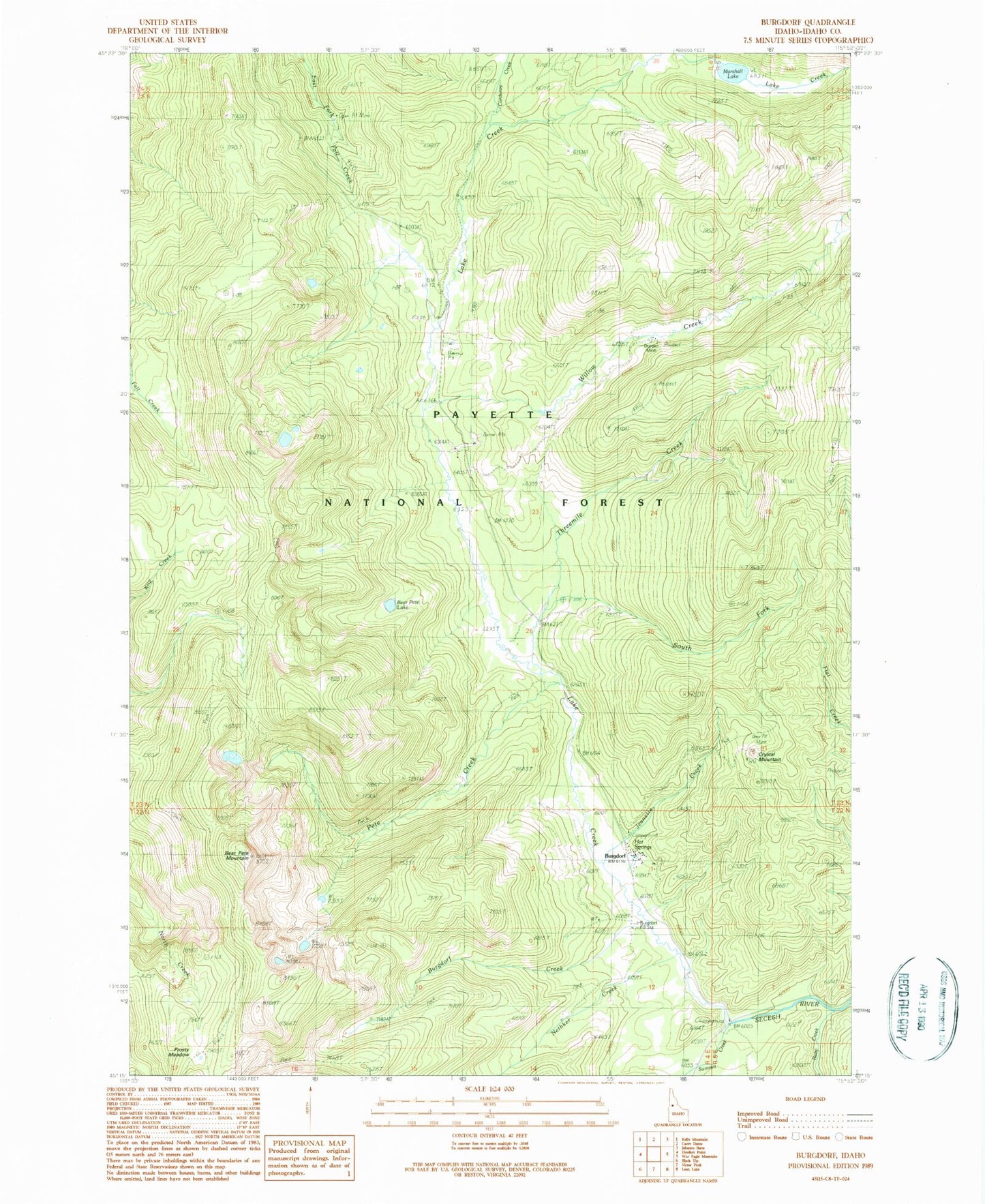 Classic USGS Burgdorf Idaho 7.5'x7.5' Topo Map Image