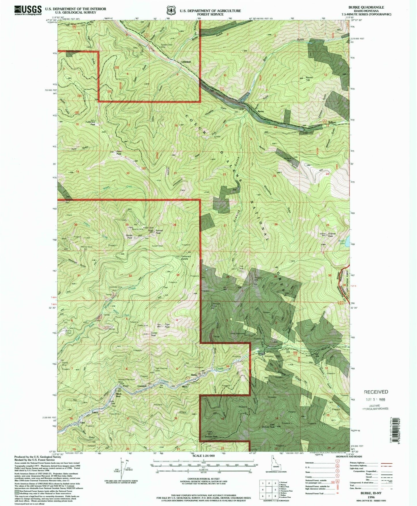 Classic USGS Burke Idaho 7.5'x7.5' Topo Map Image