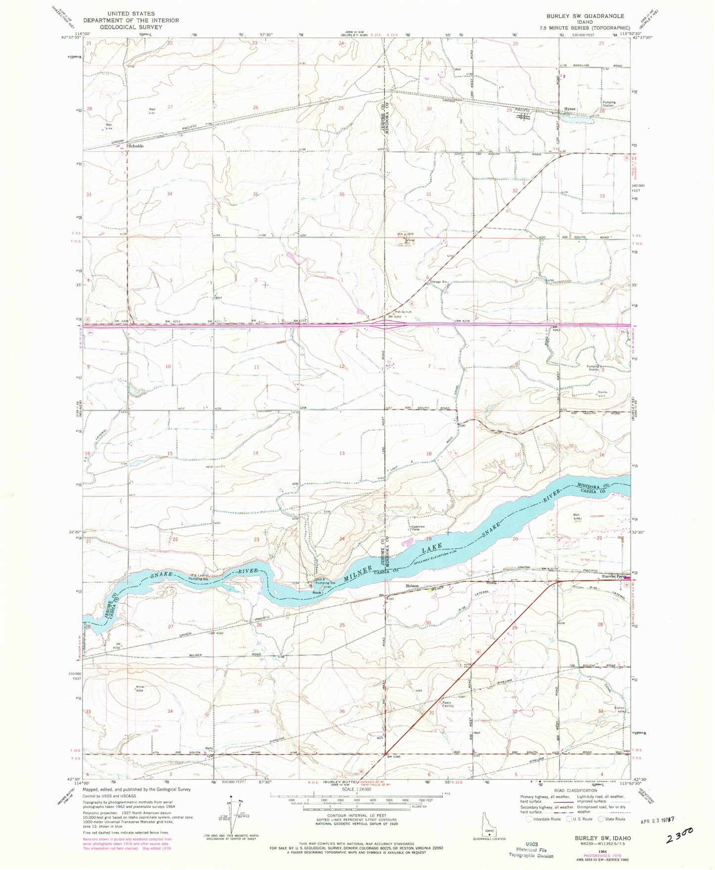 Classic USGS Burley SW Idaho 7.5'x7.5' Topo Map Image