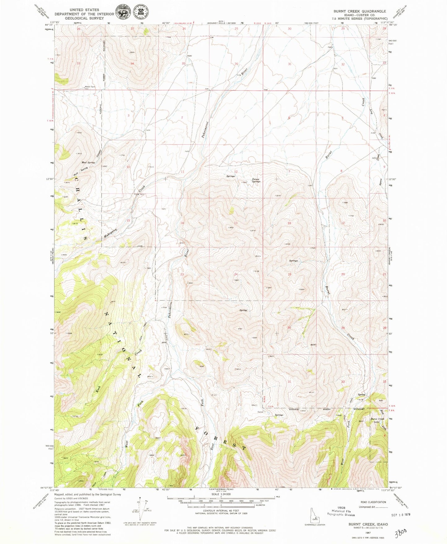 Classic USGS Burnt Creek Idaho 7.5'x7.5' Topo Map Image