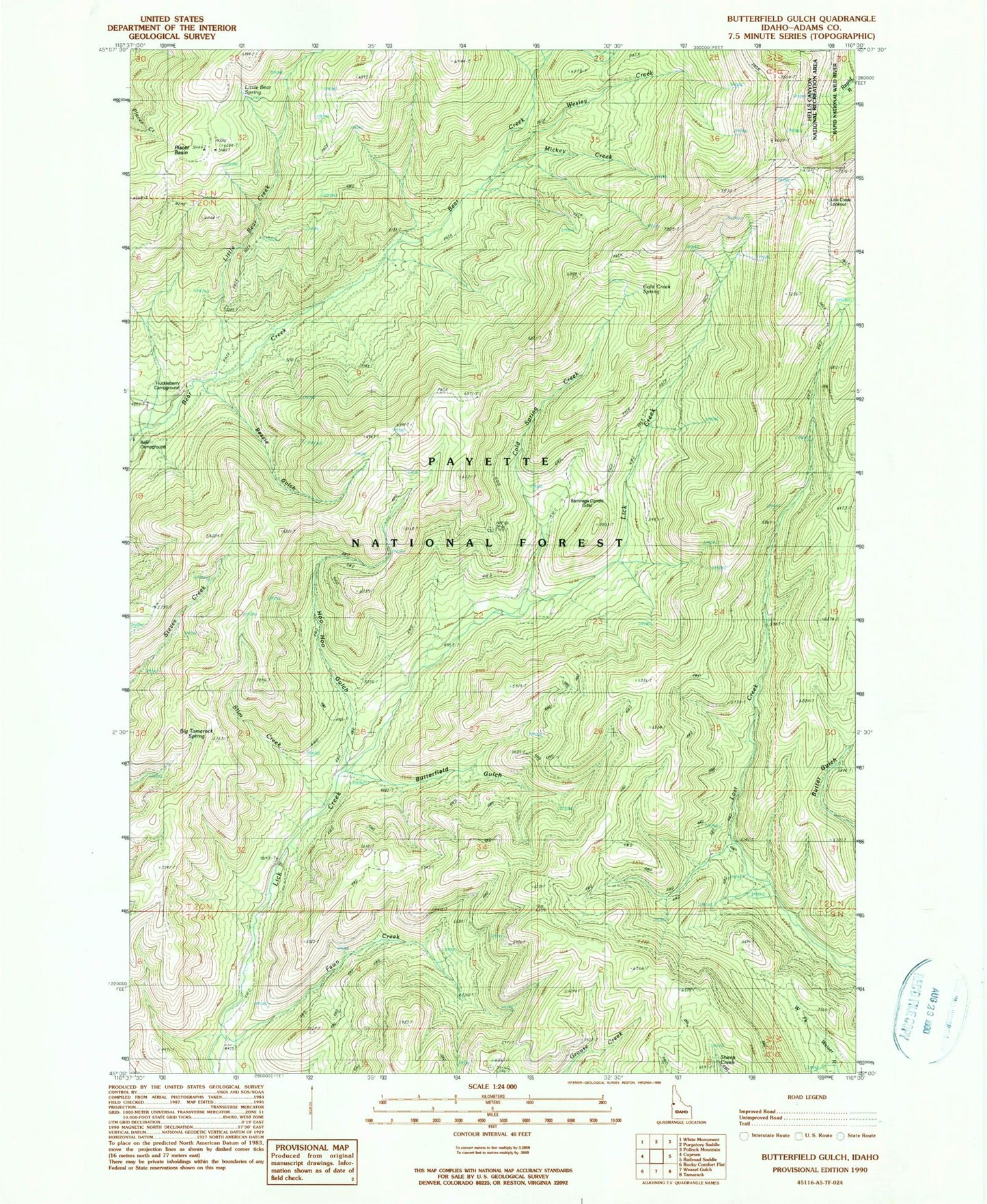 Classic USGS Butterfield Gulch Idaho 7.5'x7.5' Topo Map Image