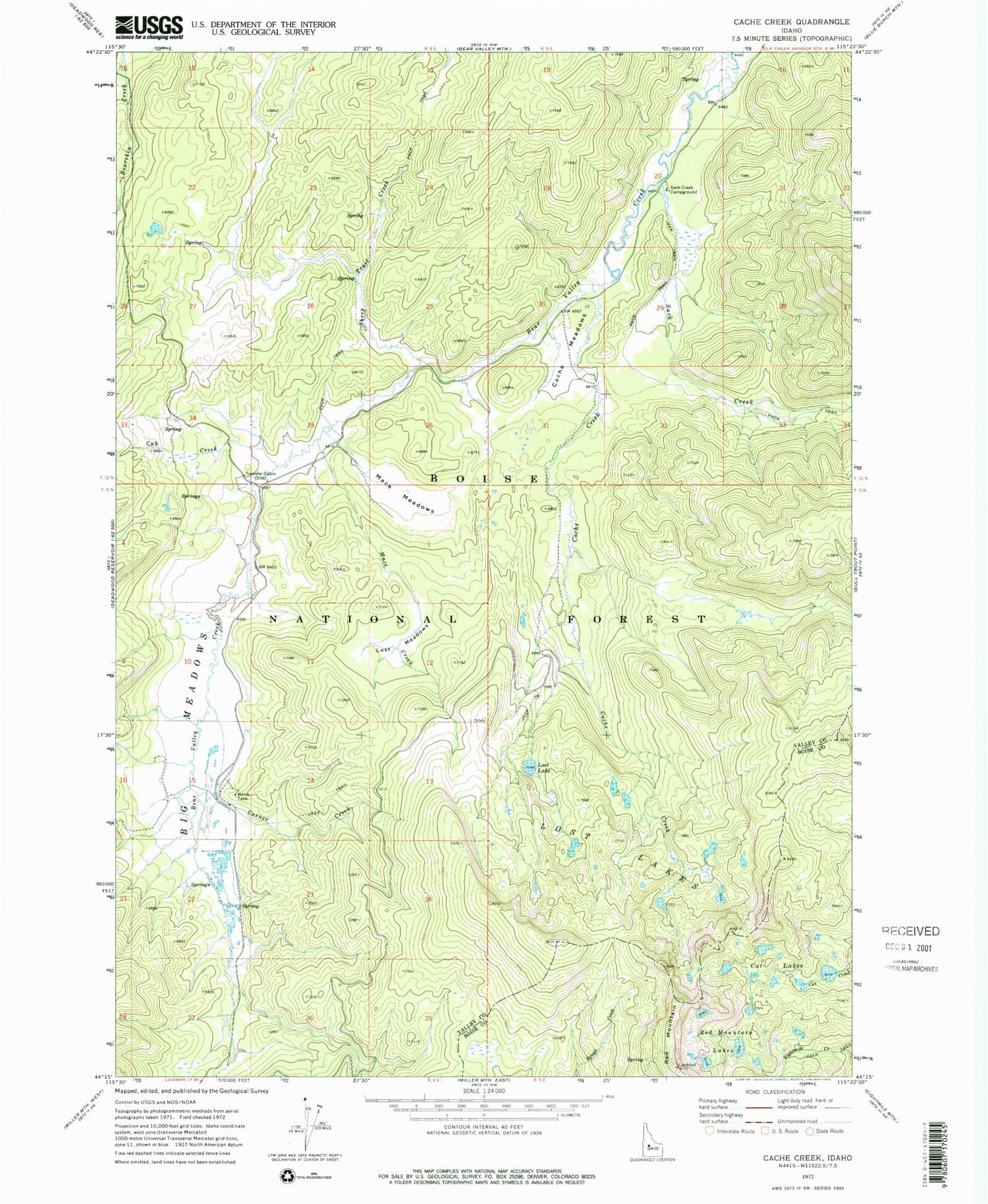 Classic USGS Cache Creek Idaho 7.5'x7.5' Topo Map Image