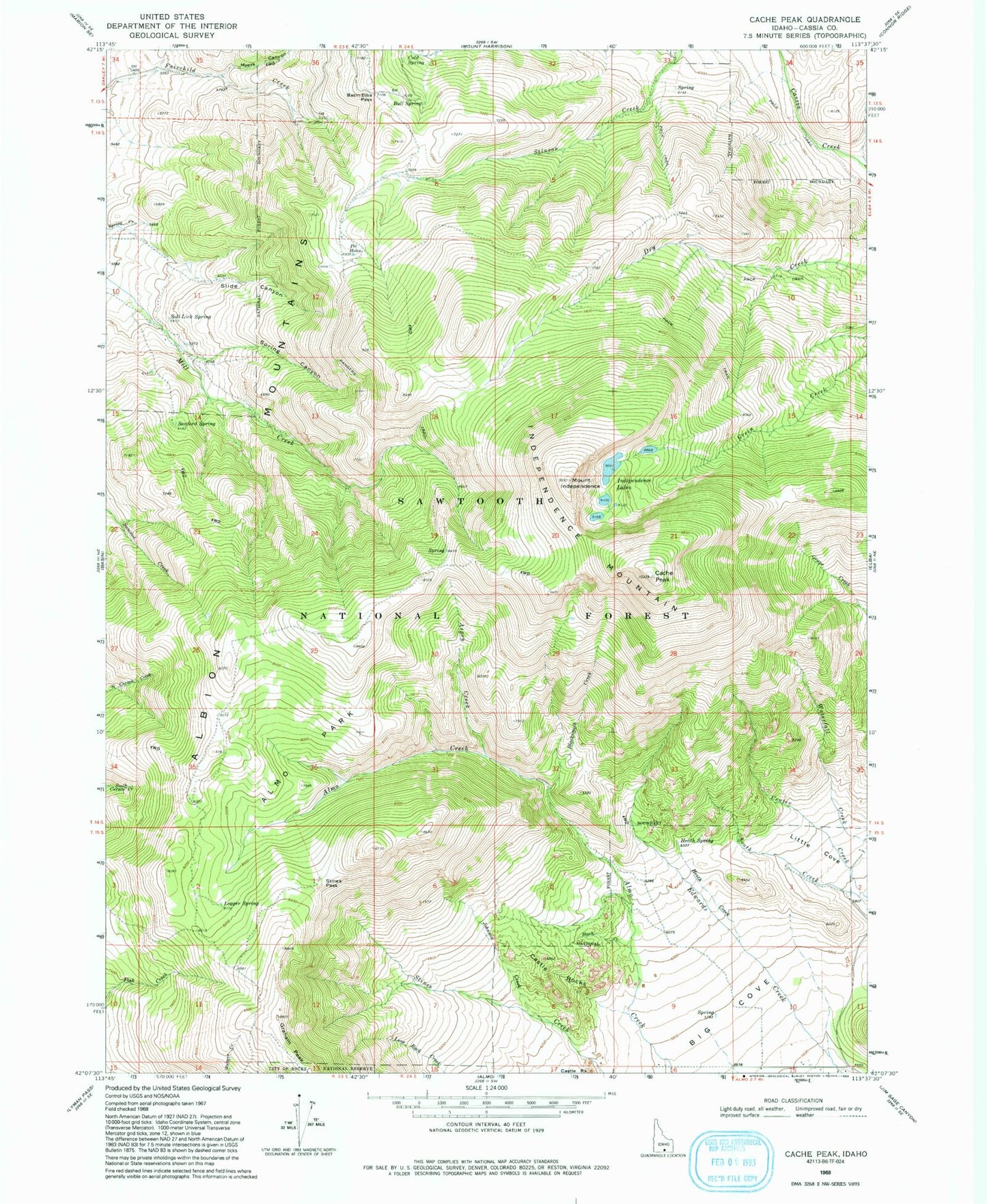 Classic USGS Cache Peak Idaho 7.5'x7.5' Topo Map Image