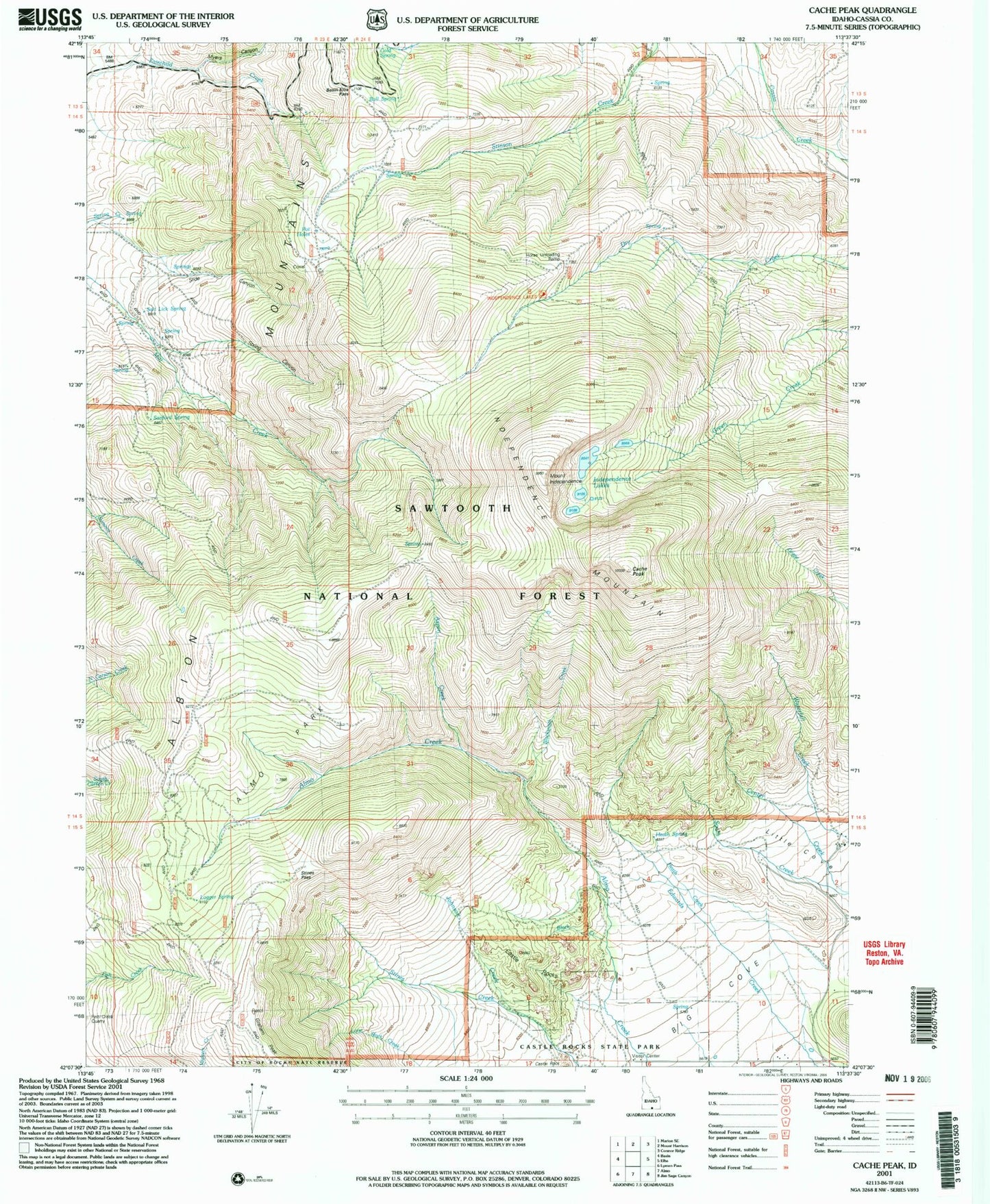 Classic USGS Cache Peak Idaho 7.5'x7.5' Topo Map Image