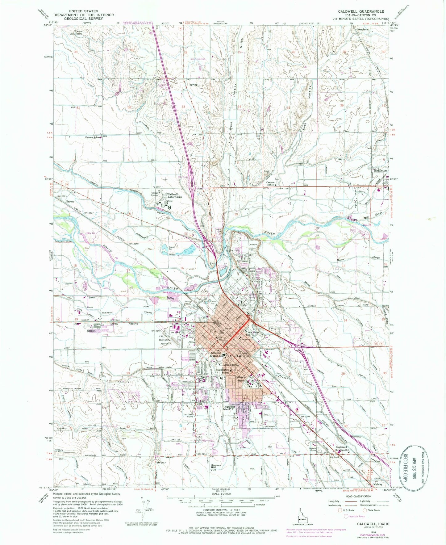 Classic USGS Caldwell Idaho 7.5'x7.5' Topo Map Image