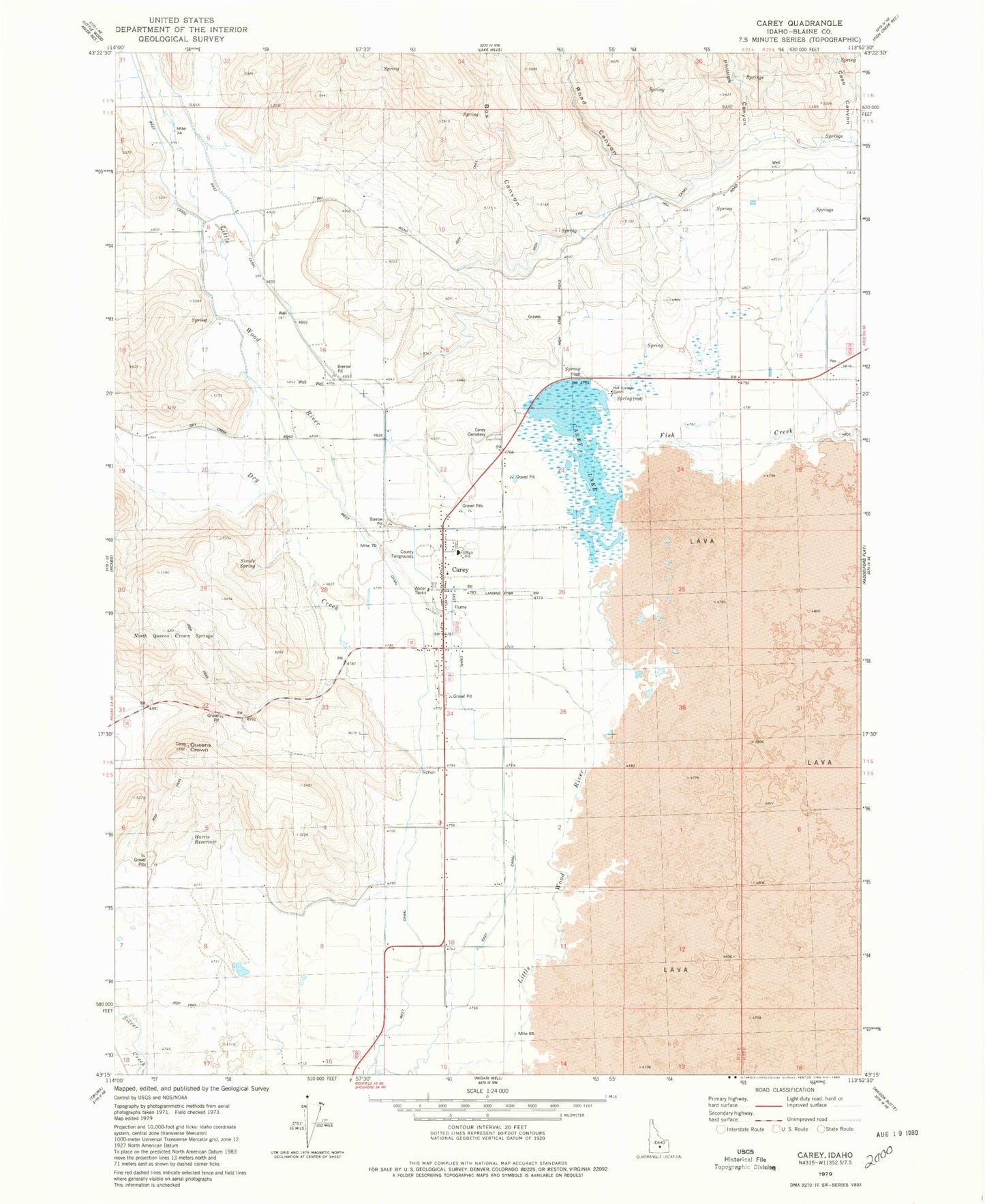 Classic USGS Carey Idaho 7.5'x7.5' Topo Map Image