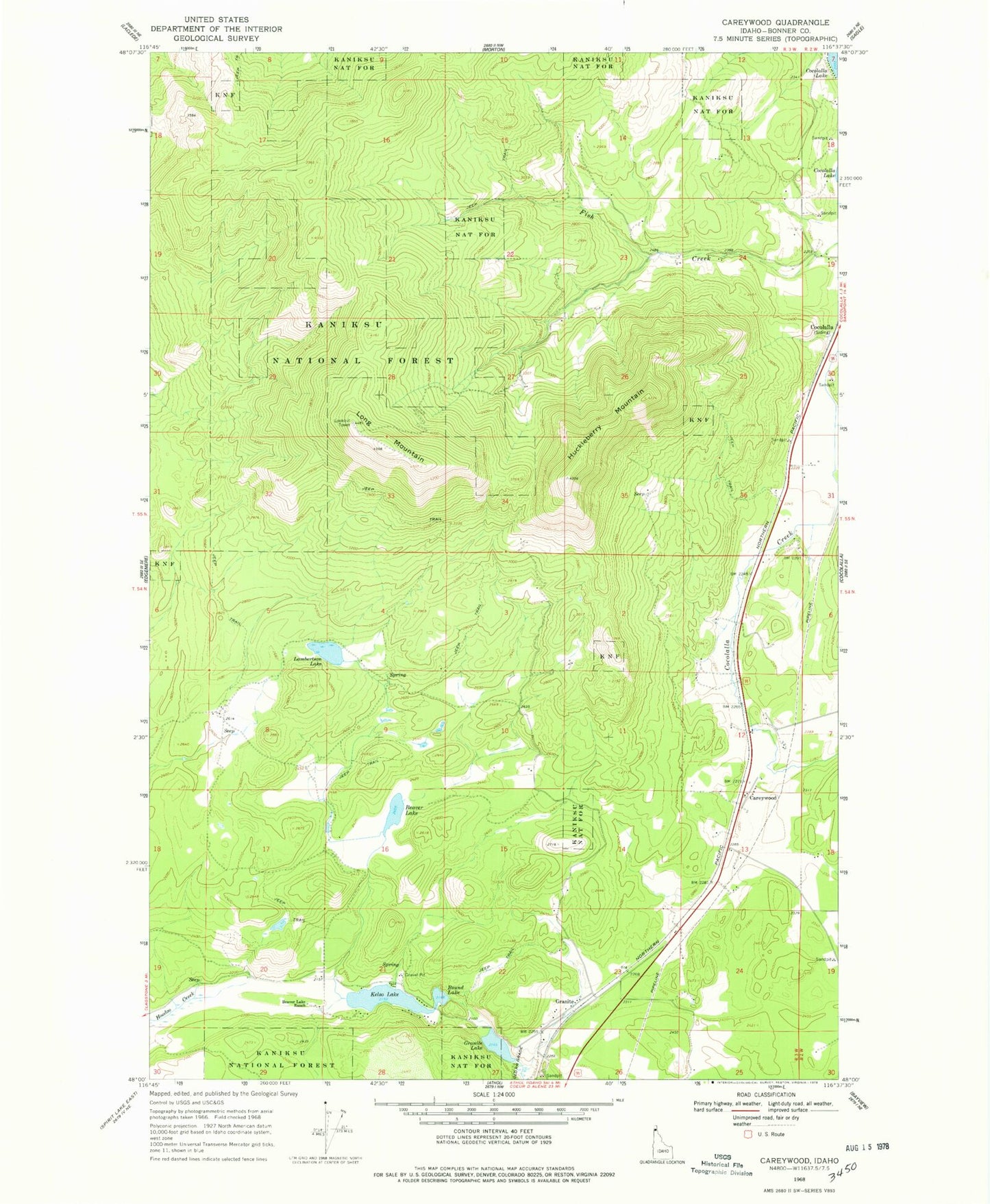 Classic USGS Careywood Idaho 7.5'x7.5' Topo Map Image