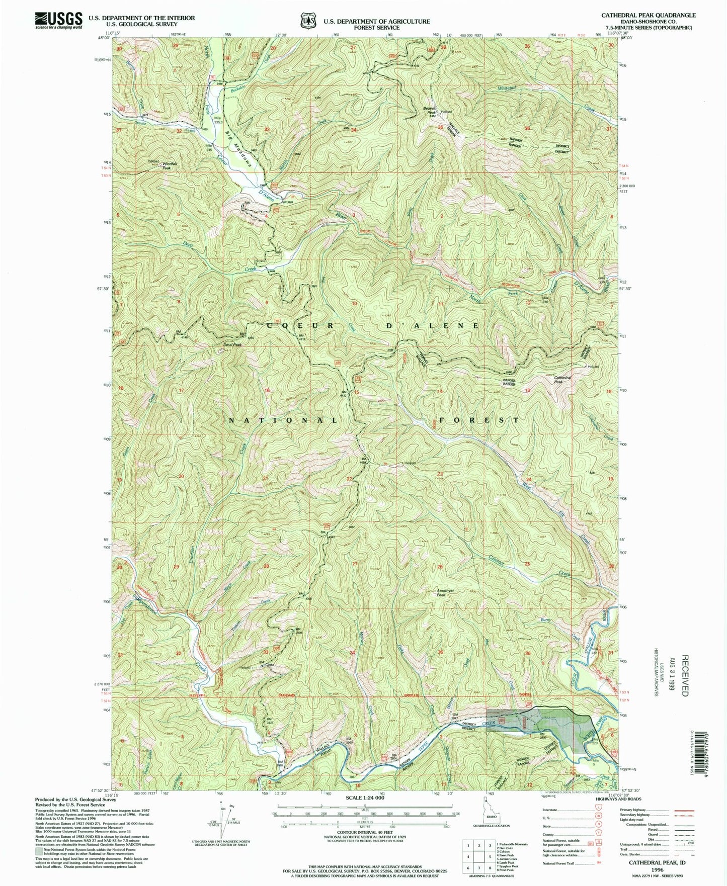 Classic USGS Cathedral Peak Idaho 7.5'x7.5' Topo Map Image