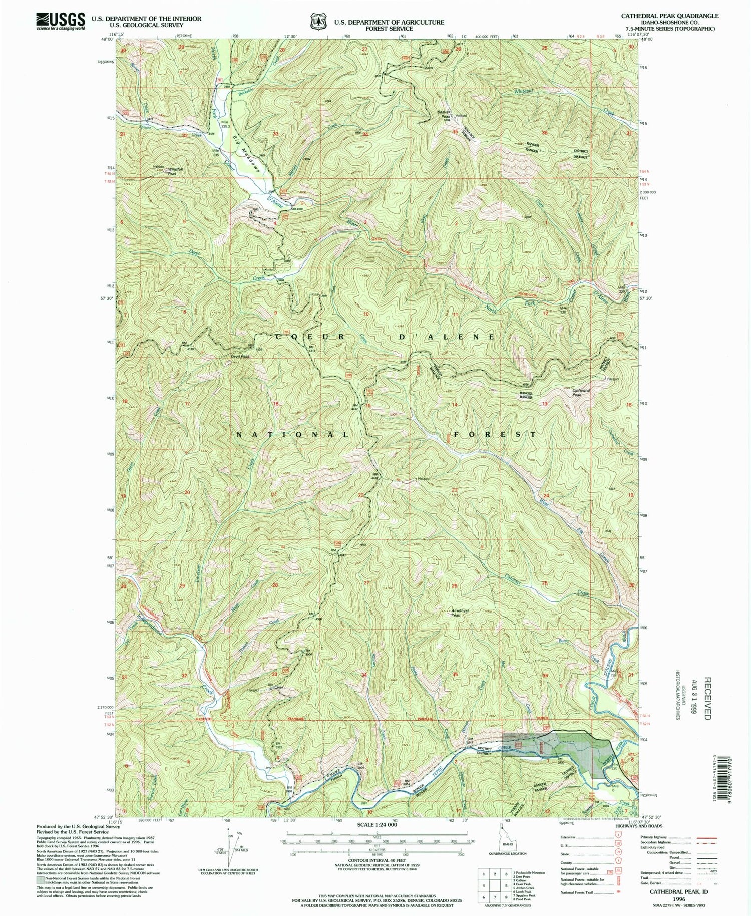 Classic USGS Cathedral Peak Idaho 7.5'x7.5' Topo Map Image