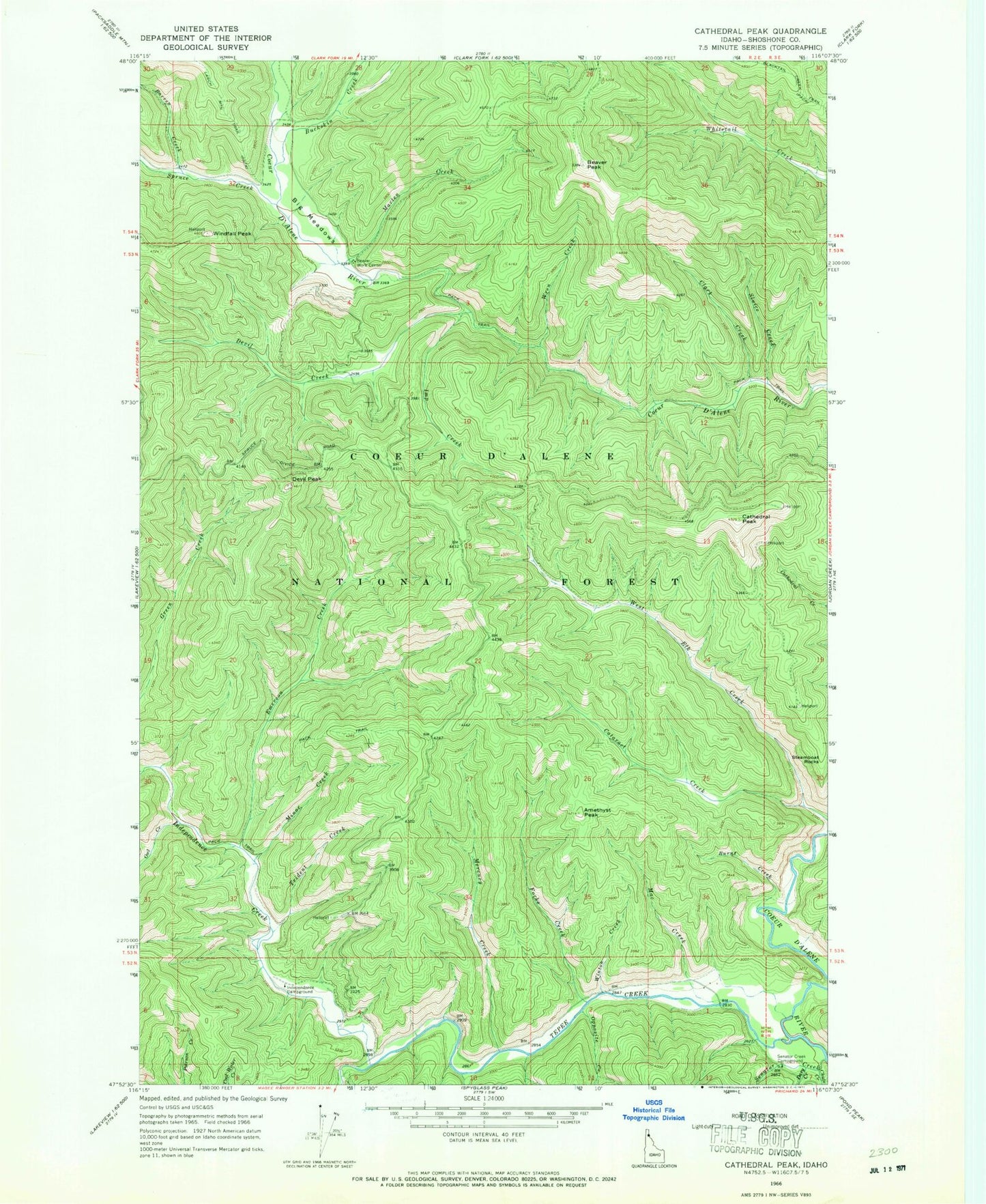 Classic USGS Cathedral Peak Idaho 7.5'x7.5' Topo Map Image