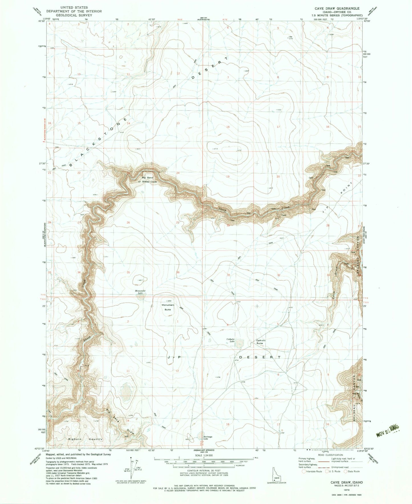 Classic USGS Cave Draw Idaho 7.5'x7.5' Topo Map Image
