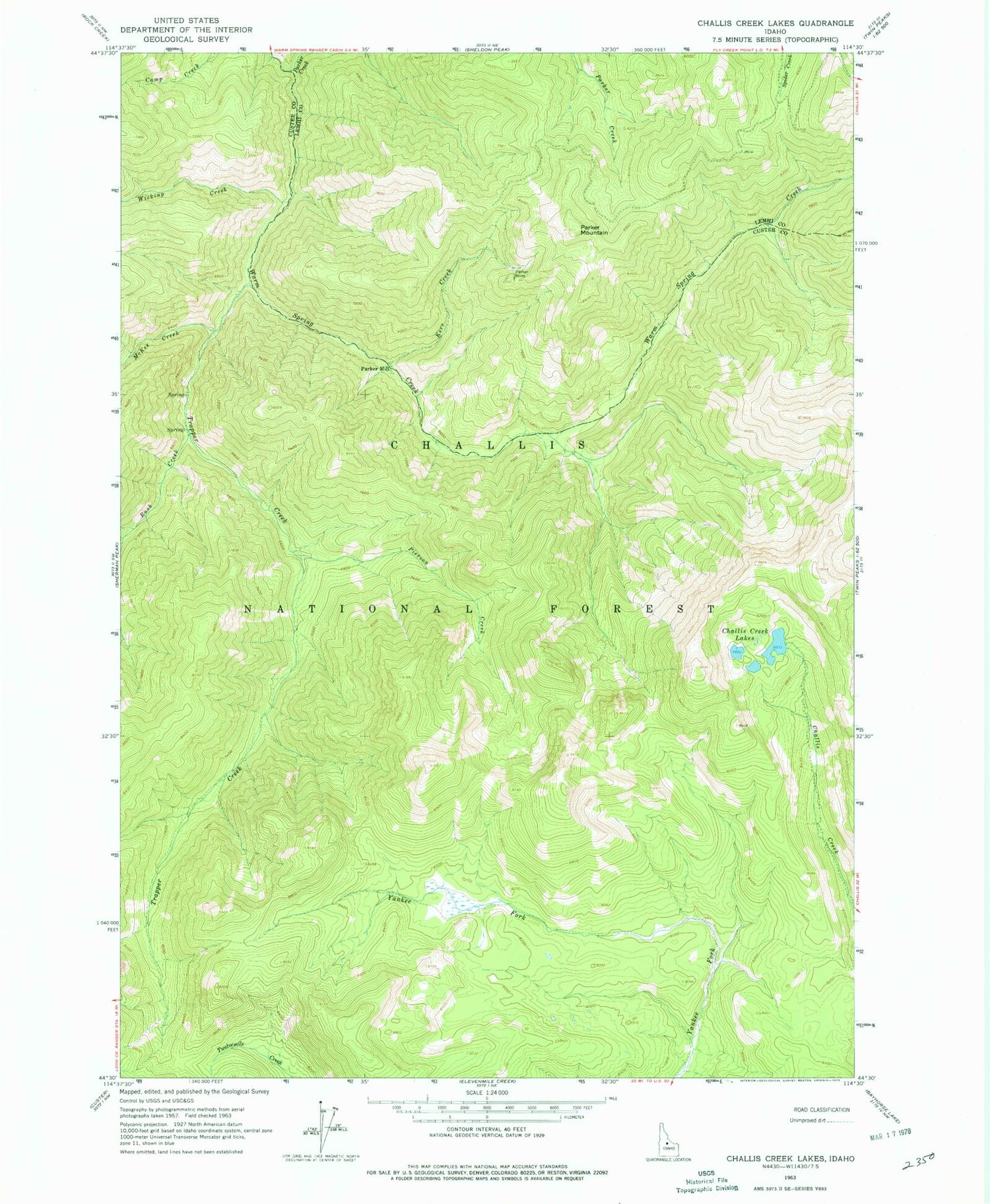 Classic USGS Challis Creek Lakes Idaho 7.5'x7.5' Topo Map Image