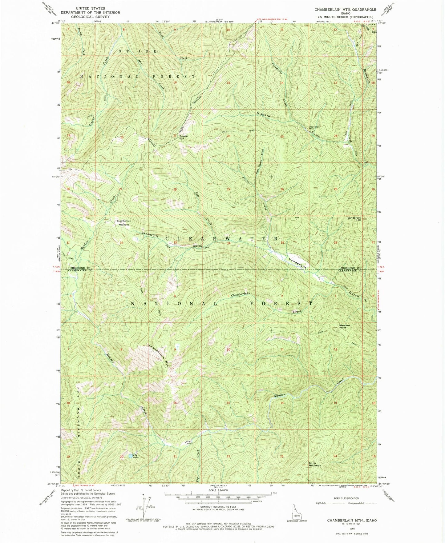 Classic USGS Chamberlain Mountain Idaho 7.5'x7.5' Topo Map Image