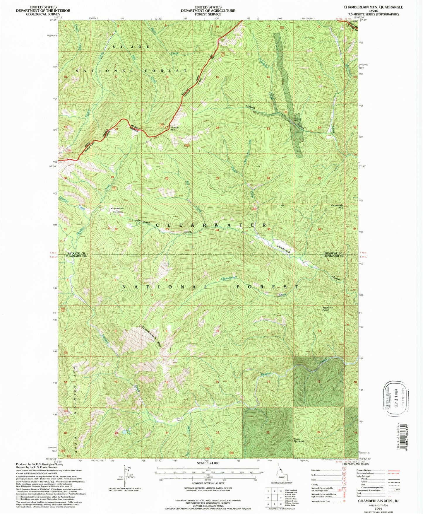 Classic USGS Chamberlain Mountain Idaho 7.5'x7.5' Topo Map Image