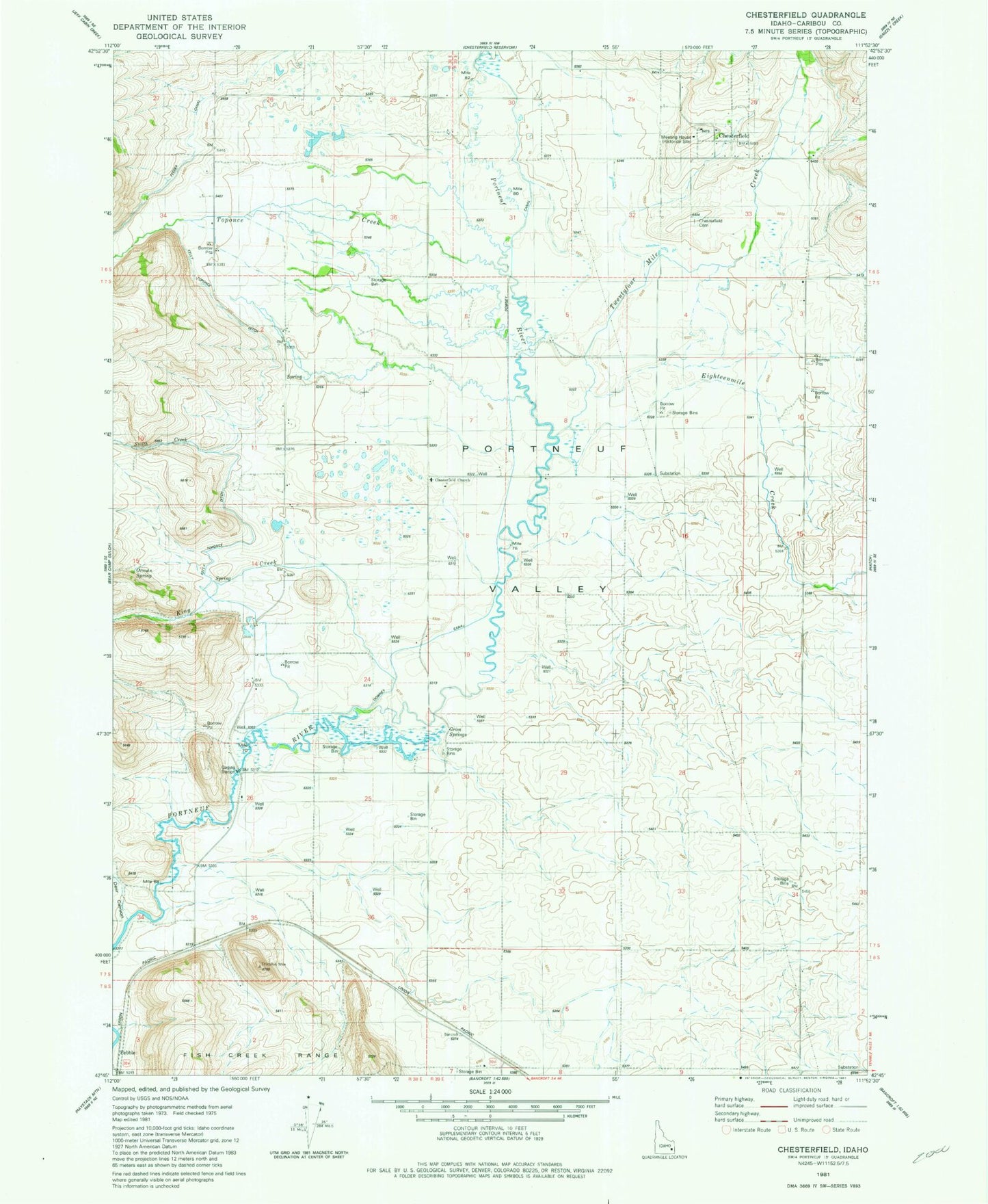 Classic USGS Chesterfield Idaho 7.5'x7.5' Topo Map Image