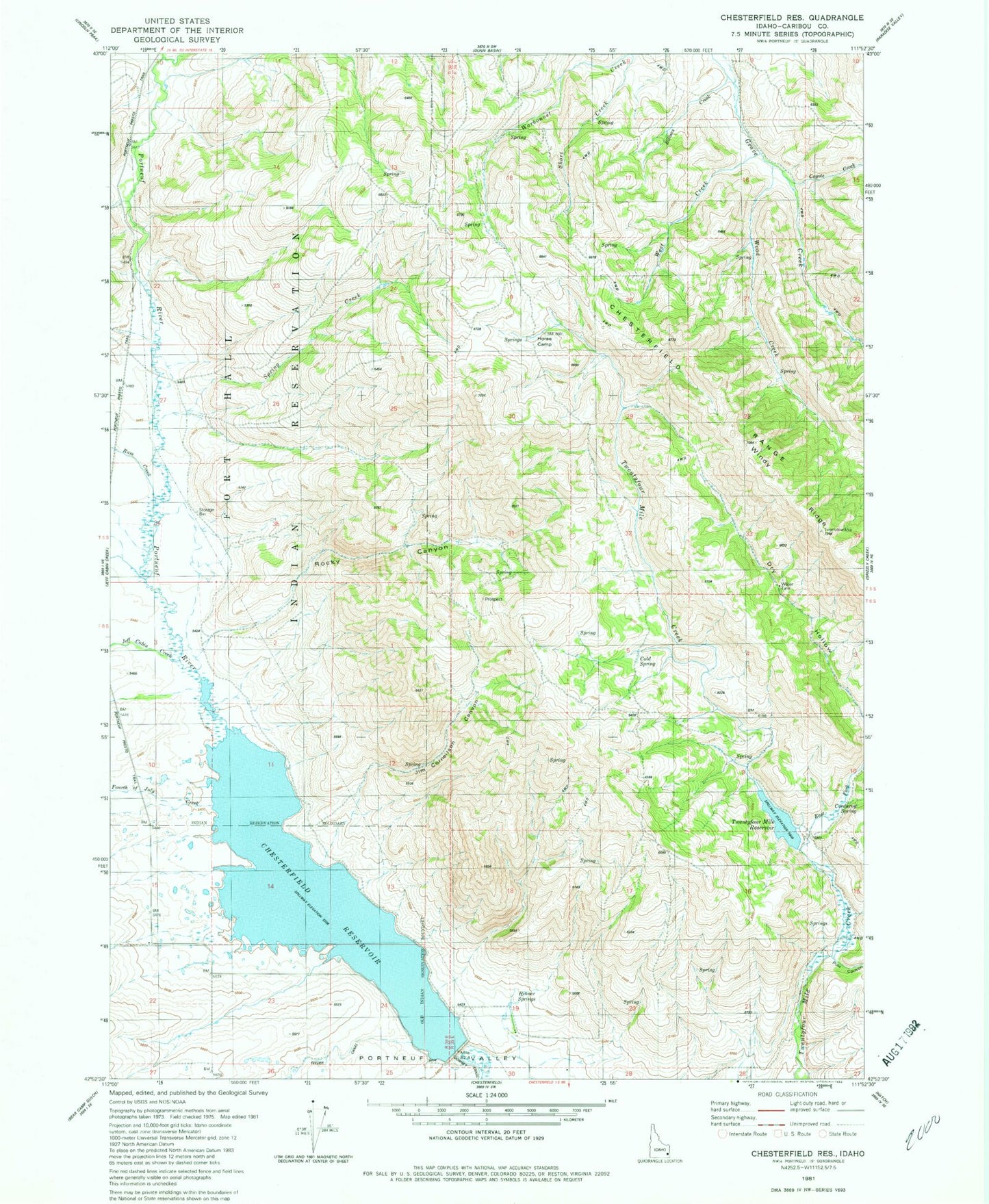 Classic USGS Chesterfield Reservoir Idaho 7.5'x7.5' Topo Map Image