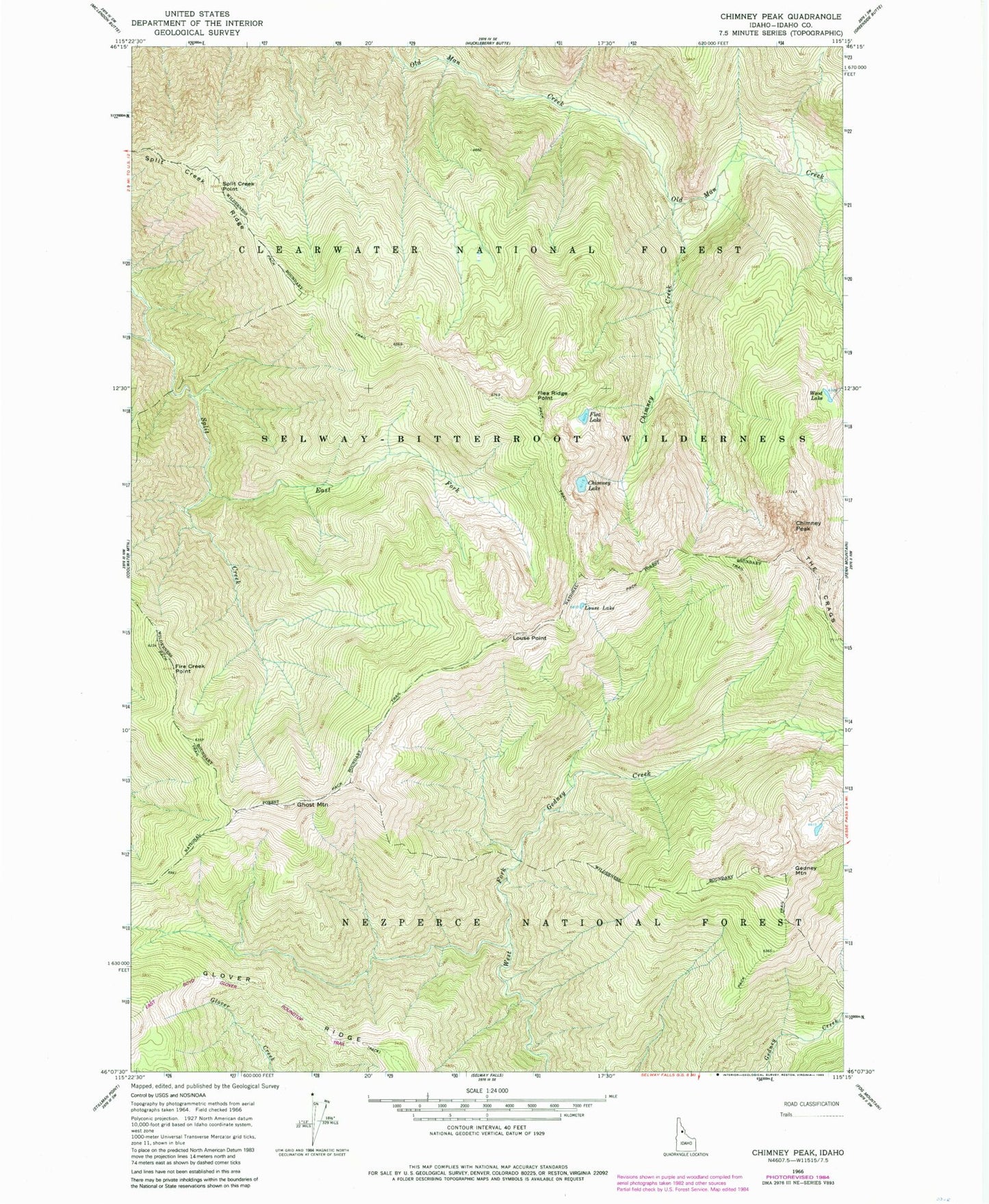 Classic USGS Chimney Peak Idaho 7.5'x7.5' Topo Map Image