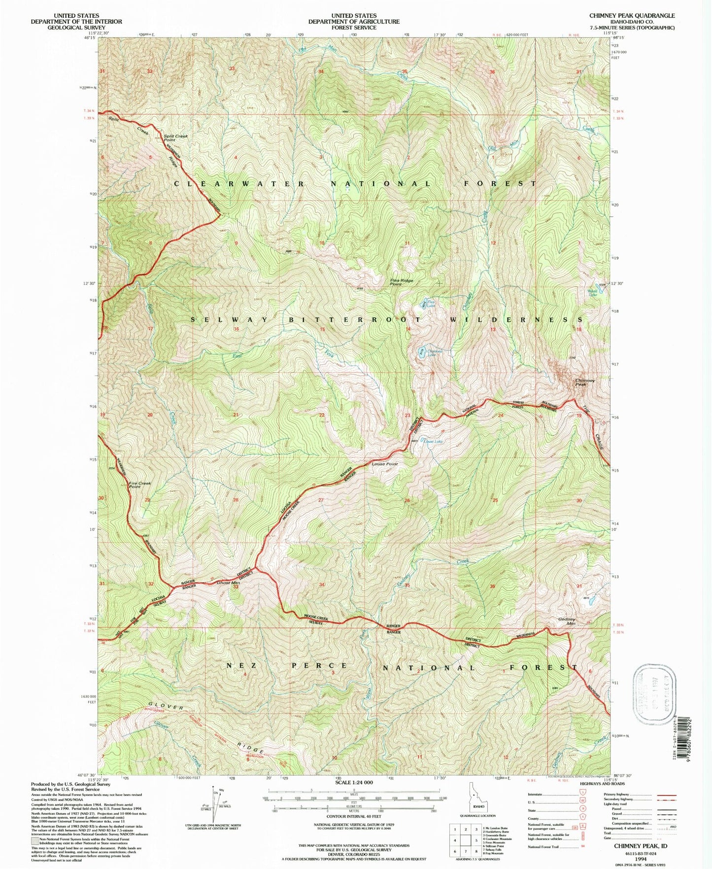 Classic USGS Chimney Peak Idaho 7.5'x7.5' Topo Map Image
