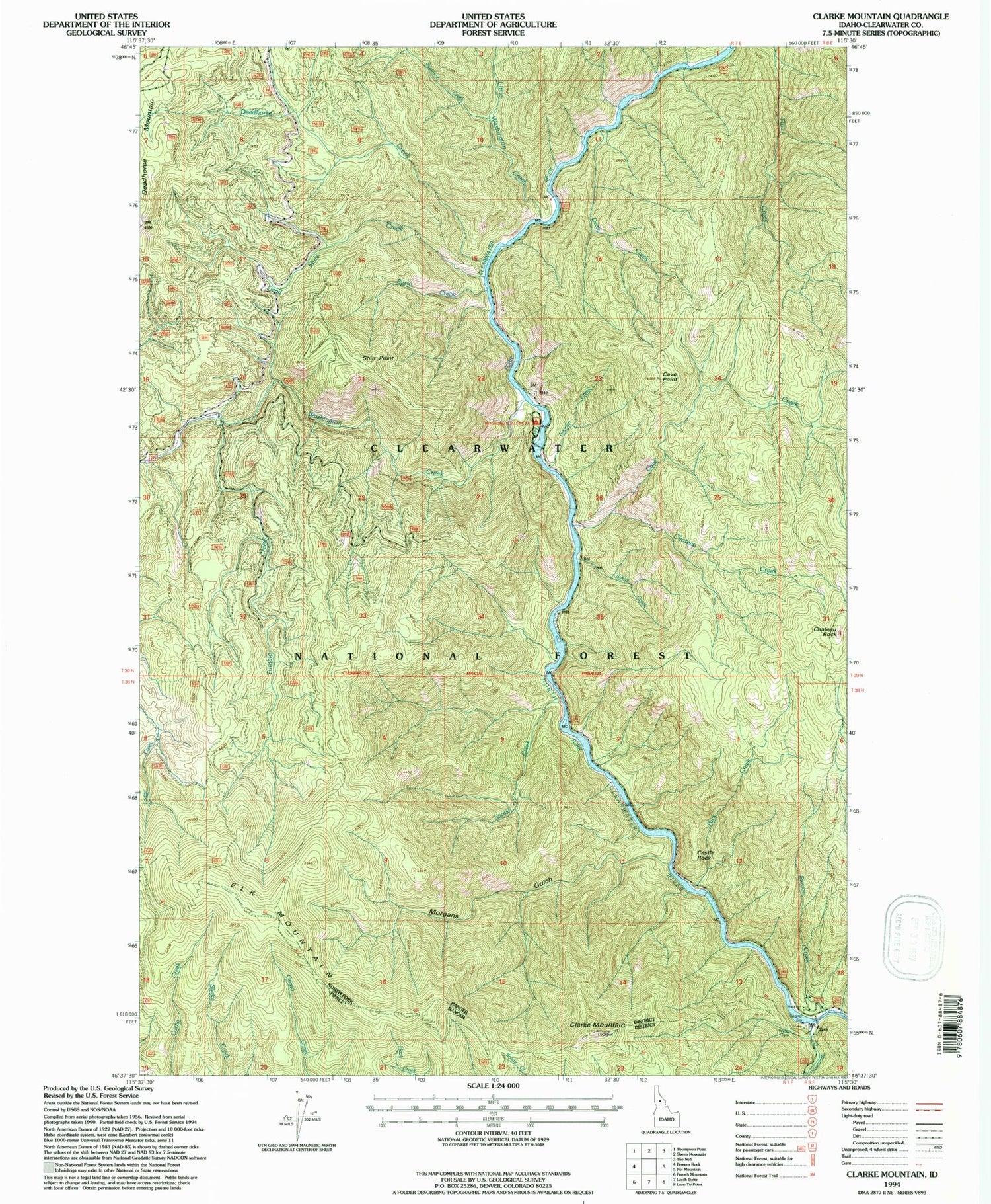 Classic USGS Clarke Mountain Idaho 7.5'x7.5' Topo Map Image