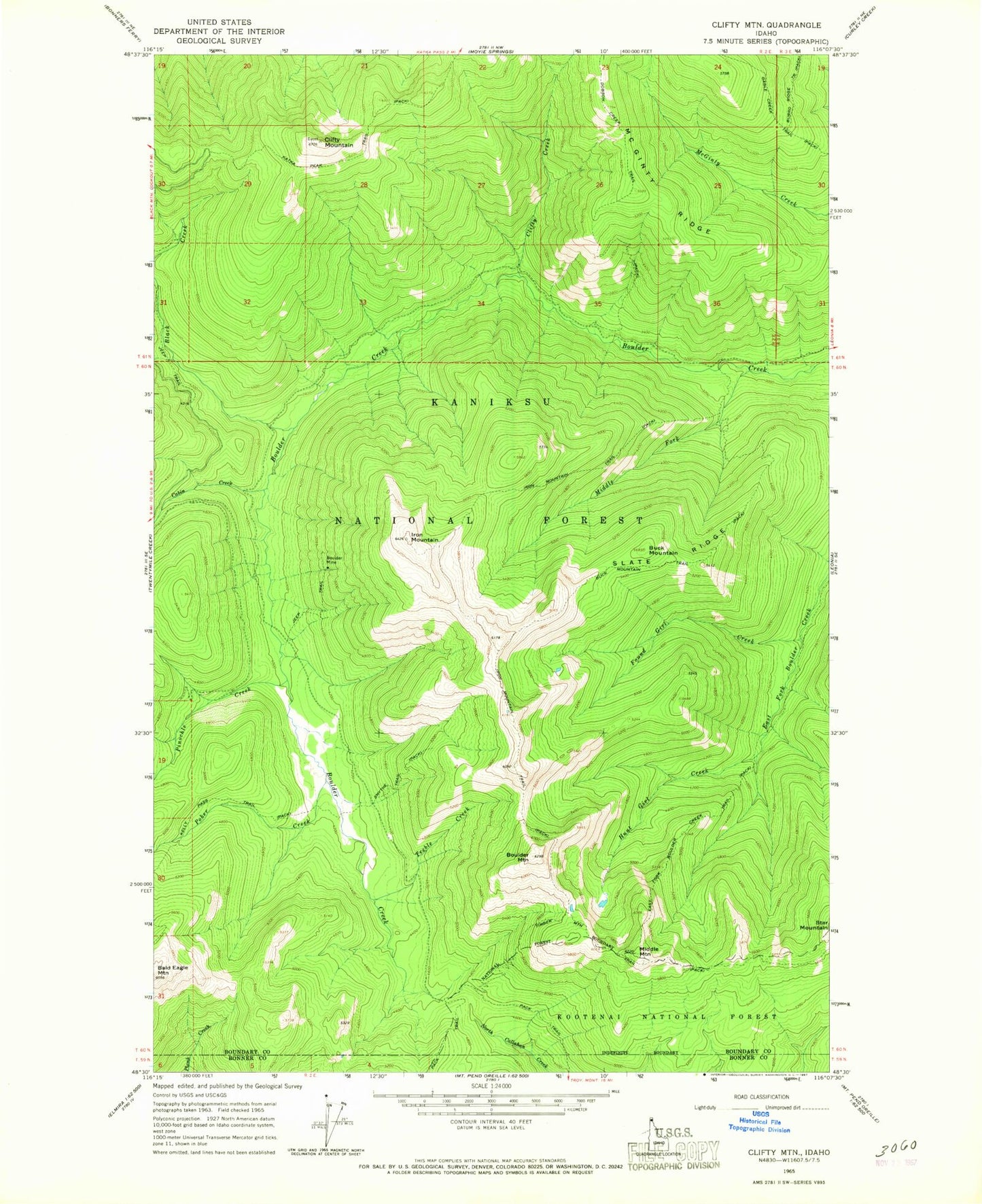Classic USGS Clifty Mountain Idaho 7.5'x7.5' Topo Map Image