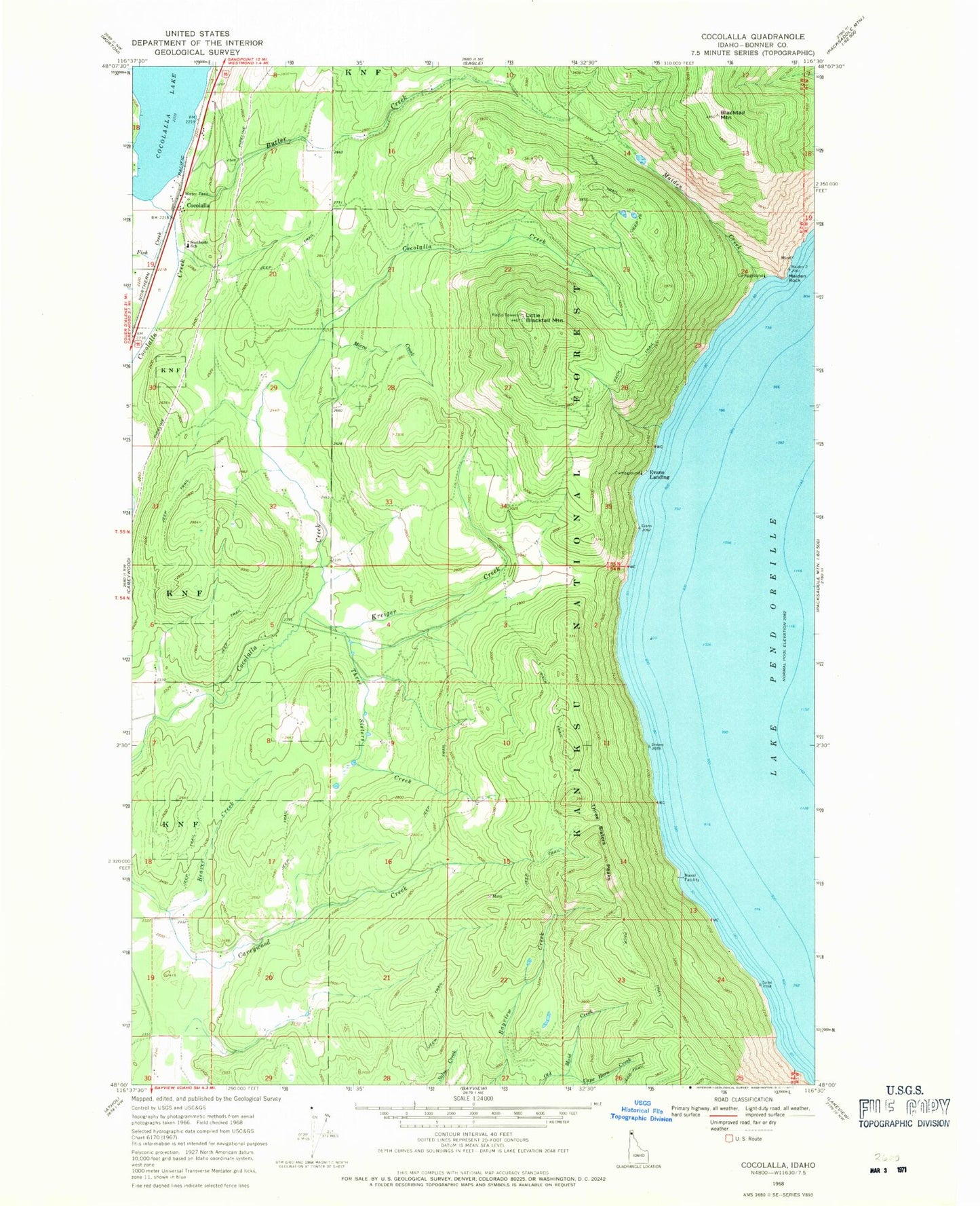 Classic USGS Cocolalla Idaho 7.5'x7.5' Topo Map Image
