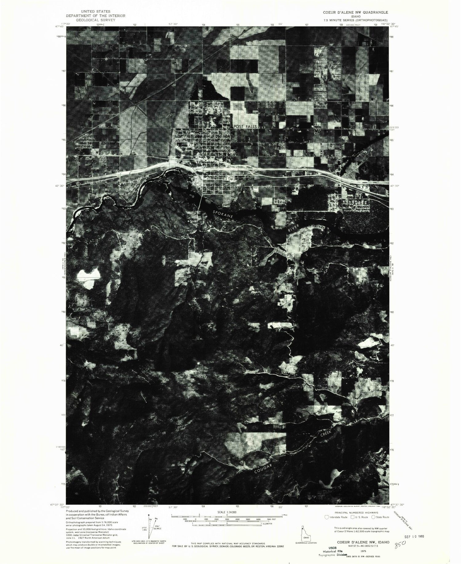 Classic USGS Post Falls Idaho 7.5'x7.5' Topo Map Image