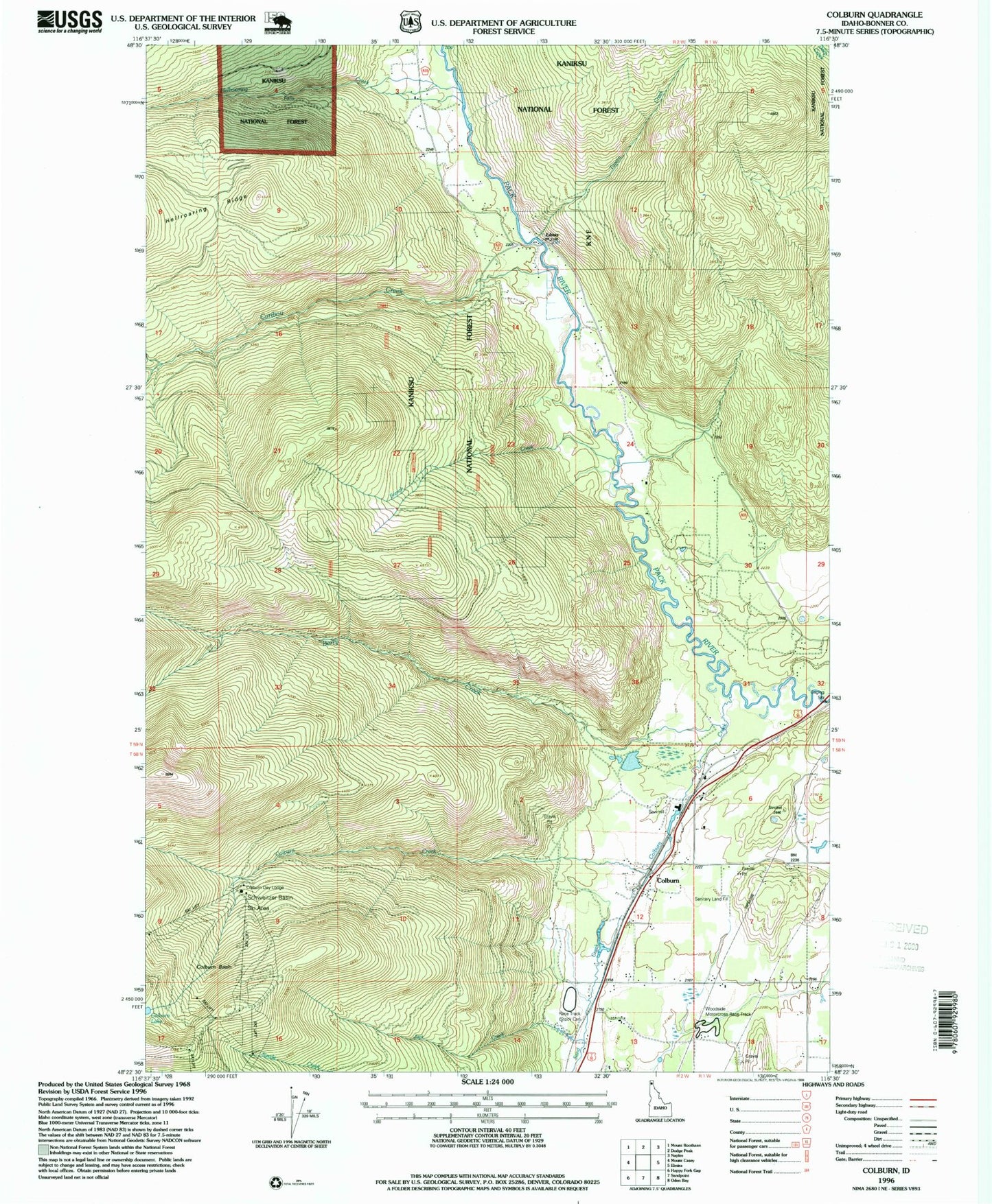 Classic USGS Colburn Idaho 7.5'x7.5' Topo Map Image