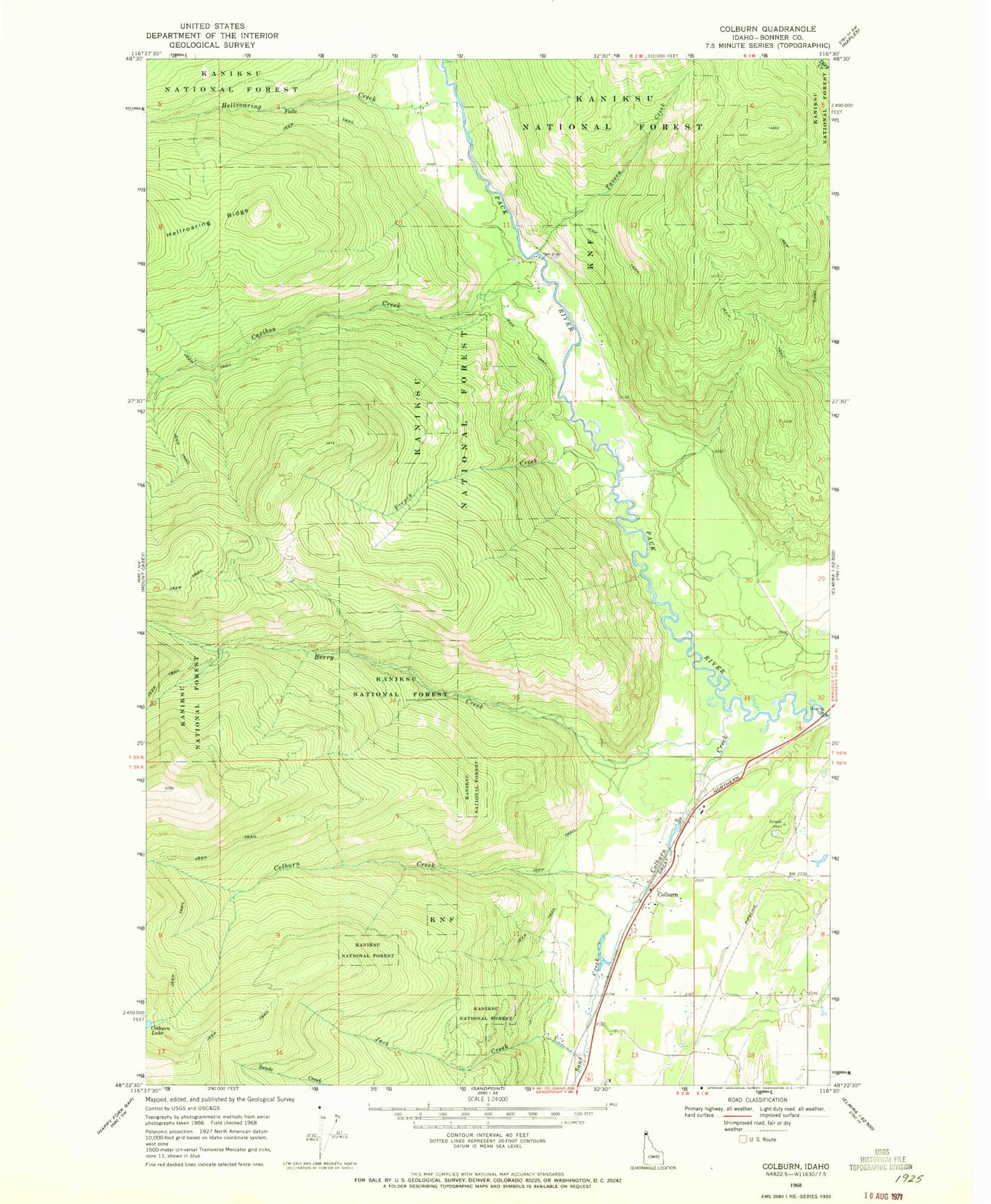 Classic USGS Colburn Idaho 7.5'x7.5' Topo Map Image