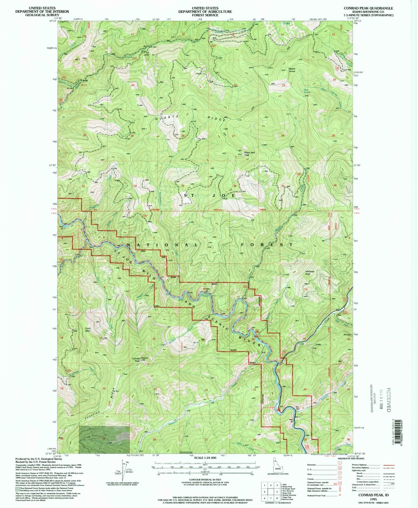 Classic USGS Conrad Peak Idaho 7.5'x7.5' Topo Map Image