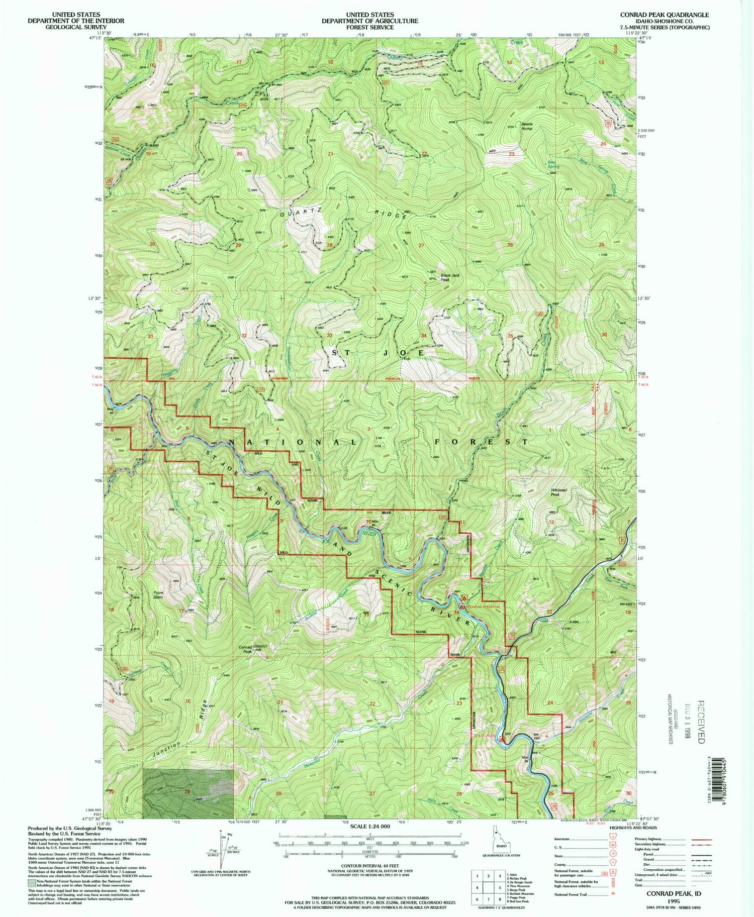 Classic USGS Conrad Peak Idaho 7.5'x7.5' Topo Map Image
