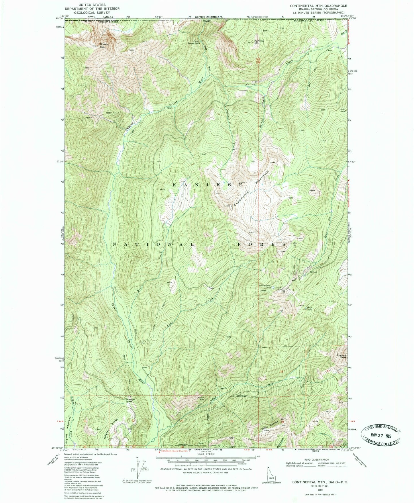 Classic USGS Continental Mountain Idaho 7.5'x7.5' Topo Map Image