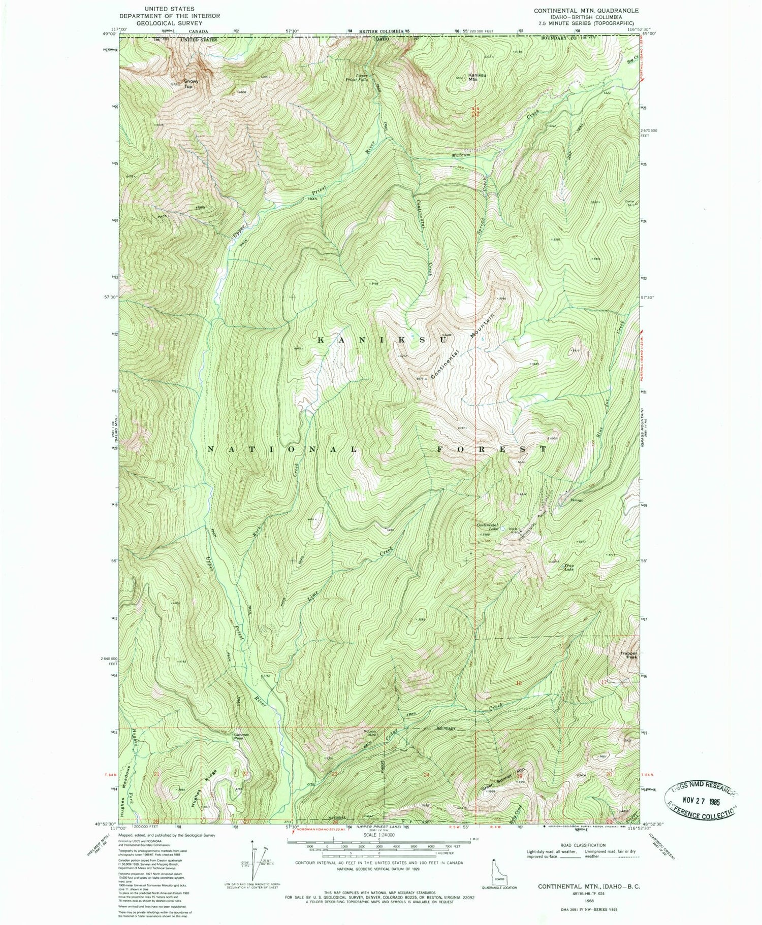 Classic USGS Continental Mountain Idaho 7.5'x7.5' Topo Map Image