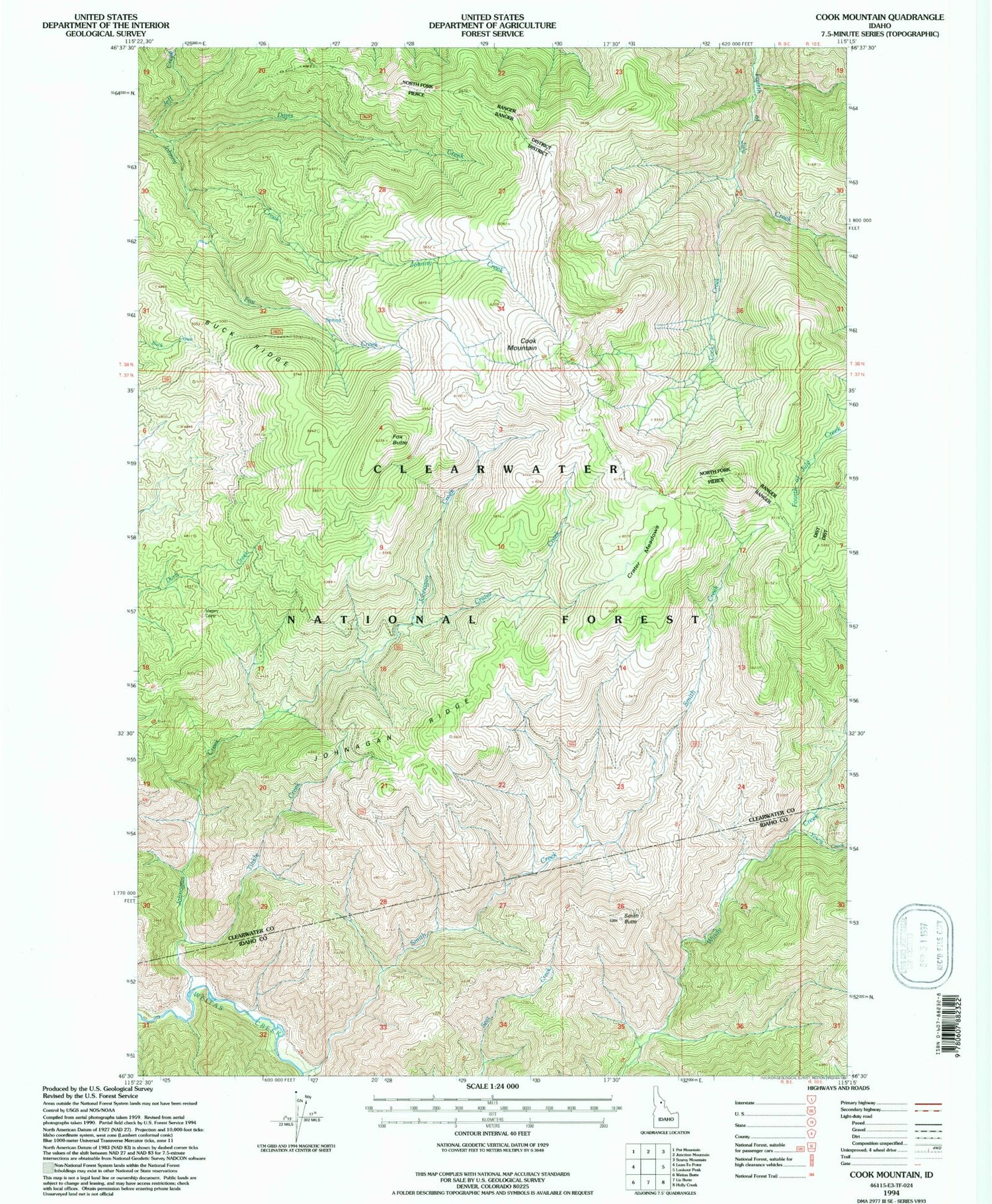 Classic USGS Cook Mountain Idaho 7.5'x7.5' Topo Map Image
