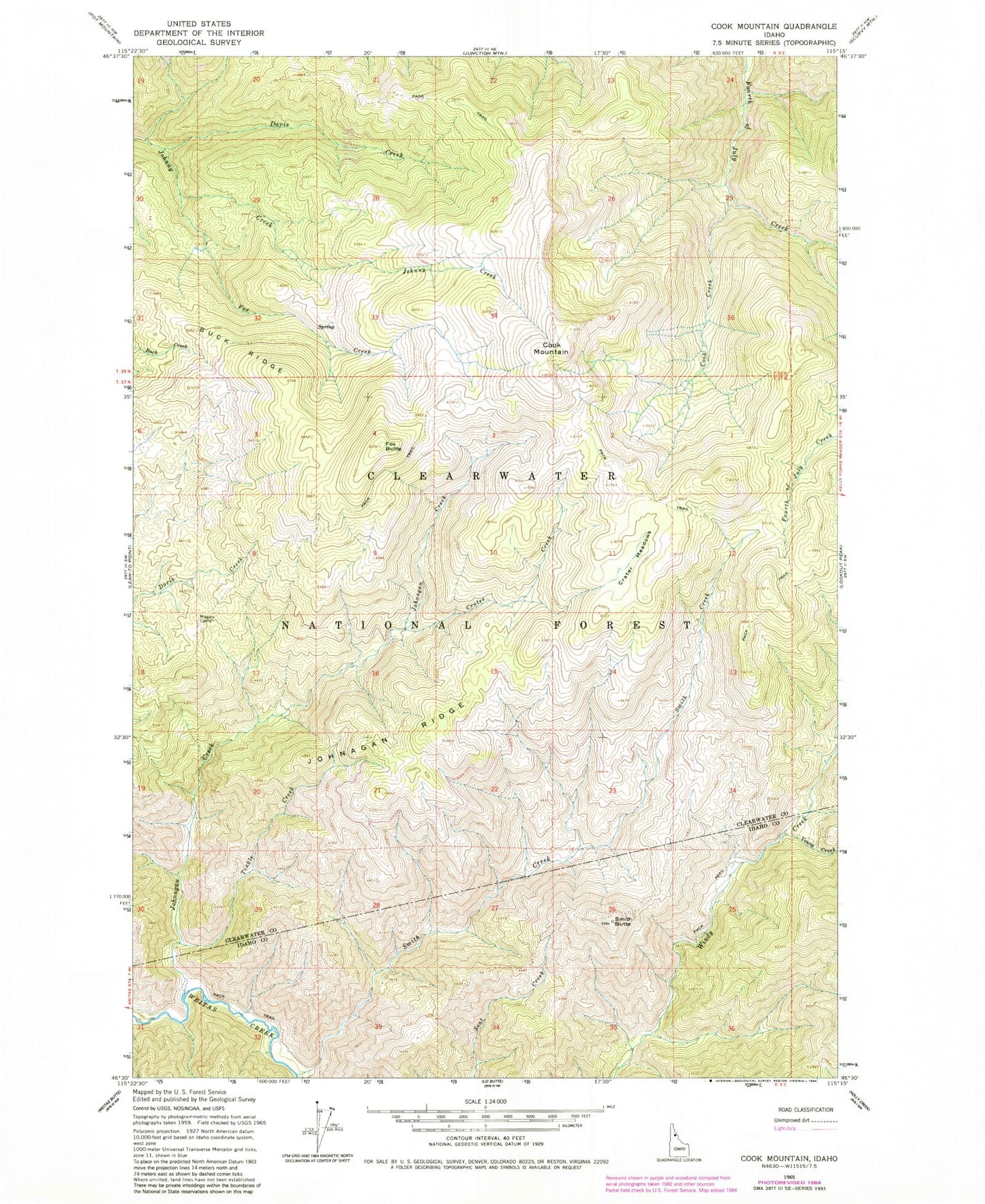 Classic USGS Cook Mountain Idaho 7.5'x7.5' Topo Map Image