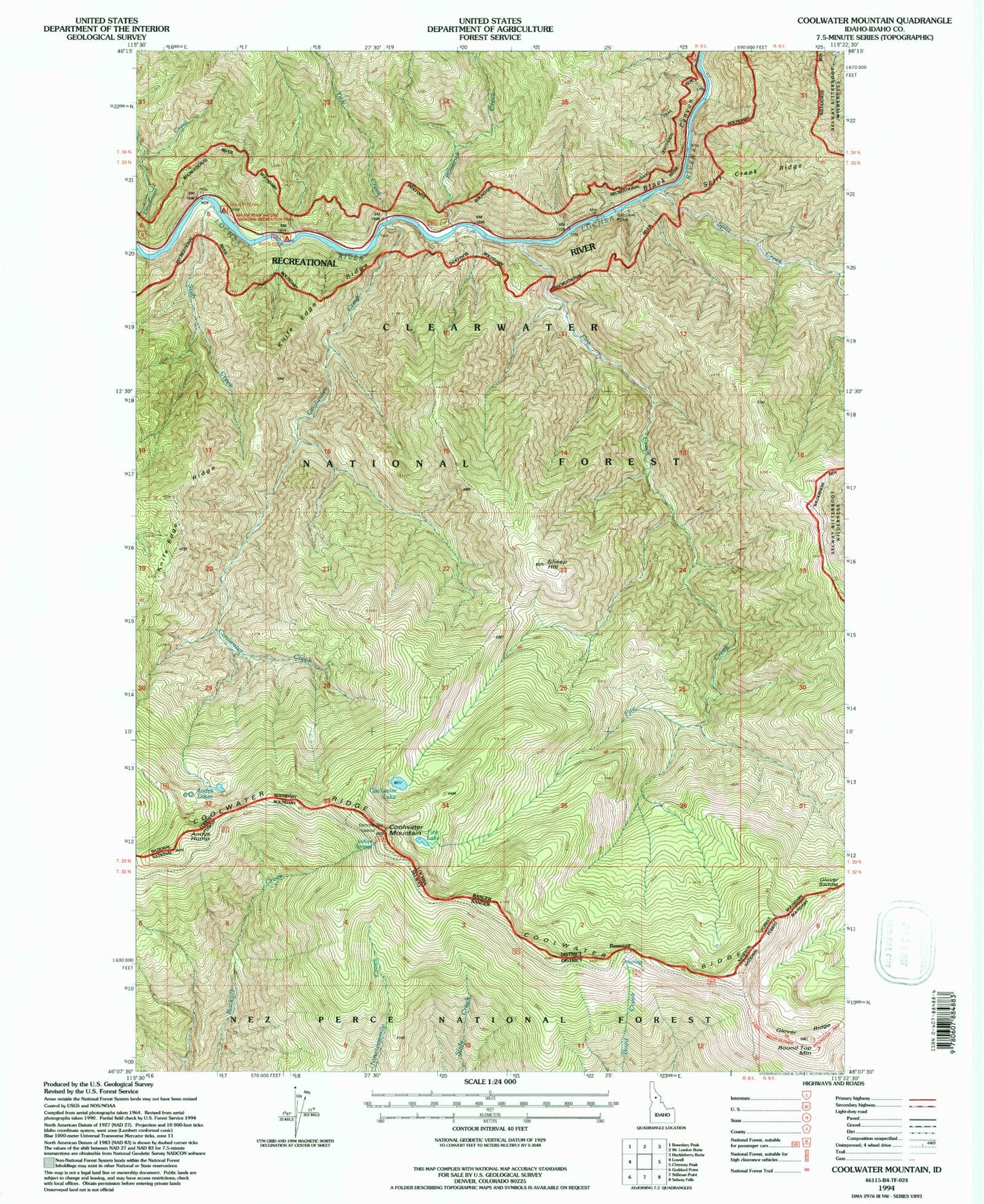 Classic USGS Coolwater Mountain Idaho 7.5'x7.5' Topo Map Image