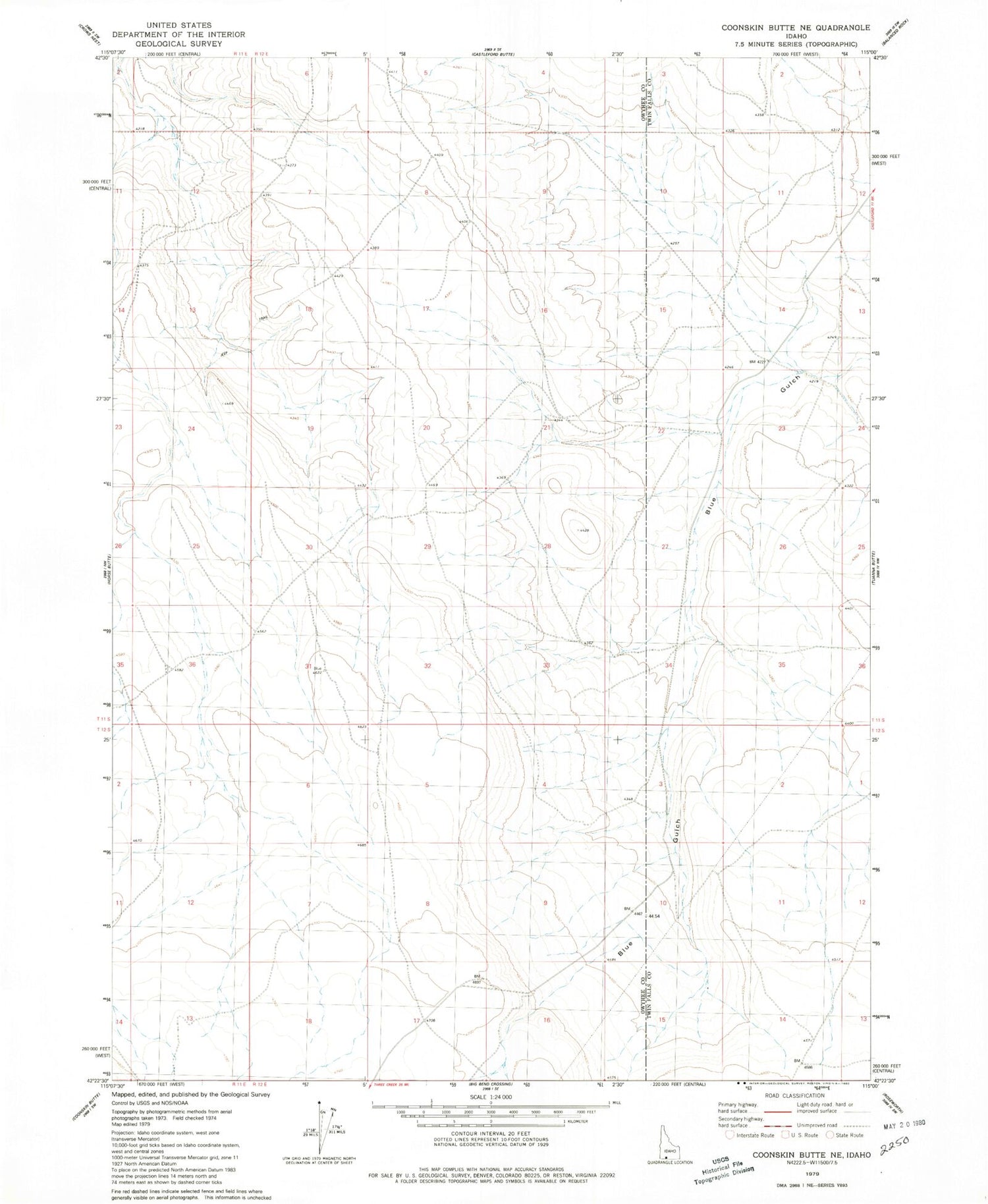 Classic USGS Coonskin Butte NE Idaho 7.5'x7.5' Topo Map Image