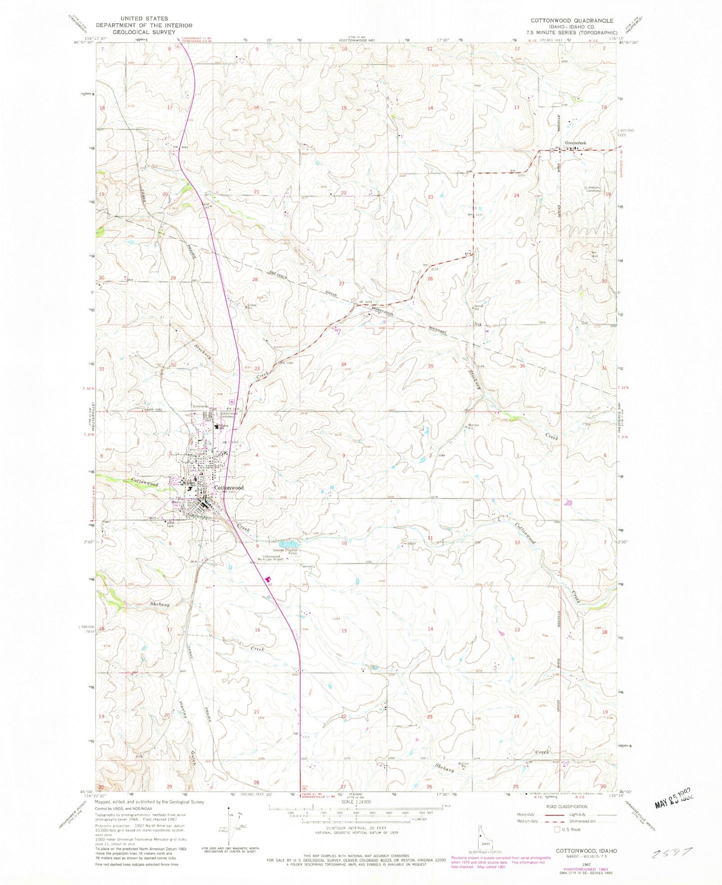 Classic USGS Cottonwood Idaho 7.5'x7.5' Topo Map Image