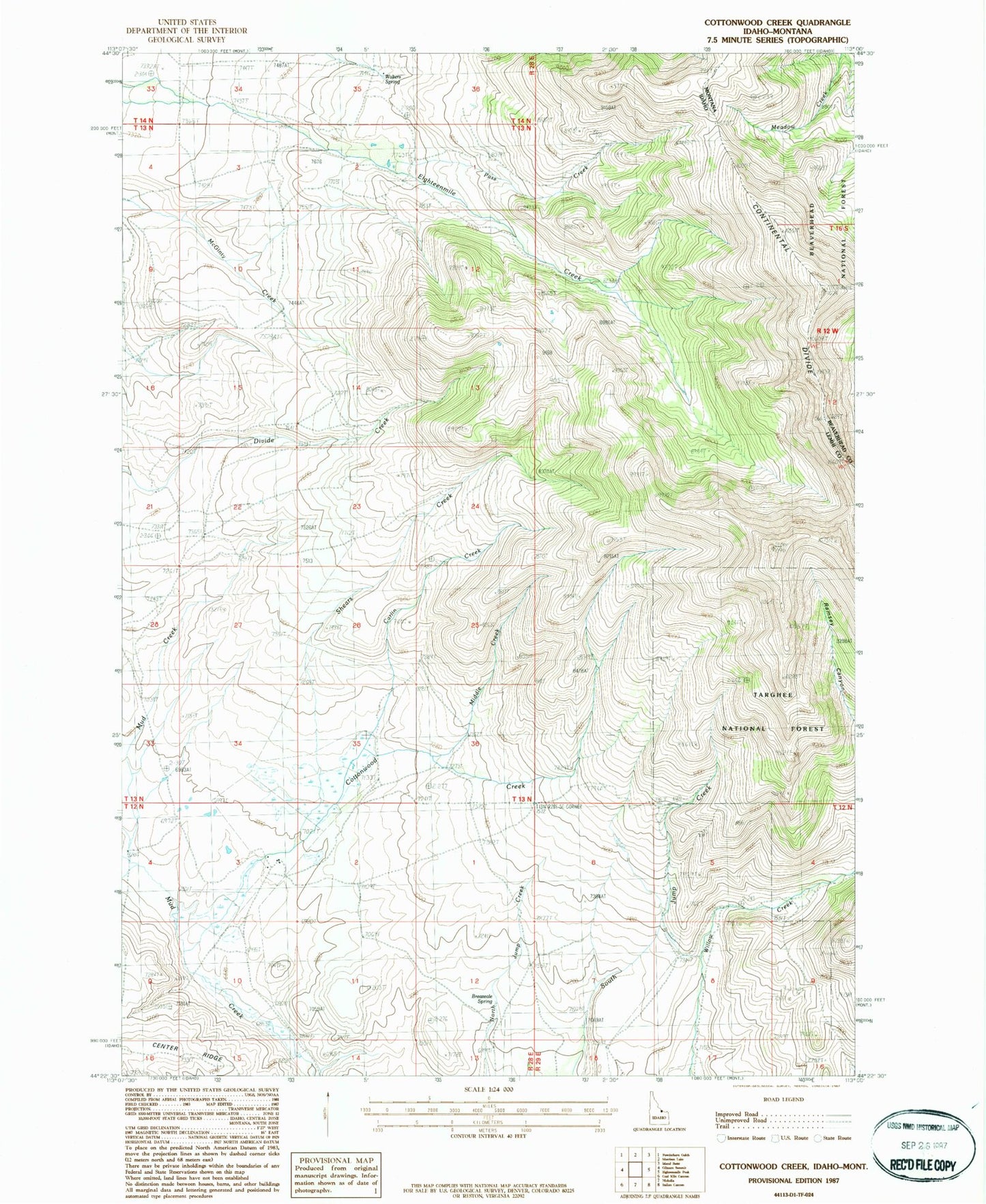 Classic USGS Cottonwood Creek Idaho 7.5'x7.5' Topo Map Image