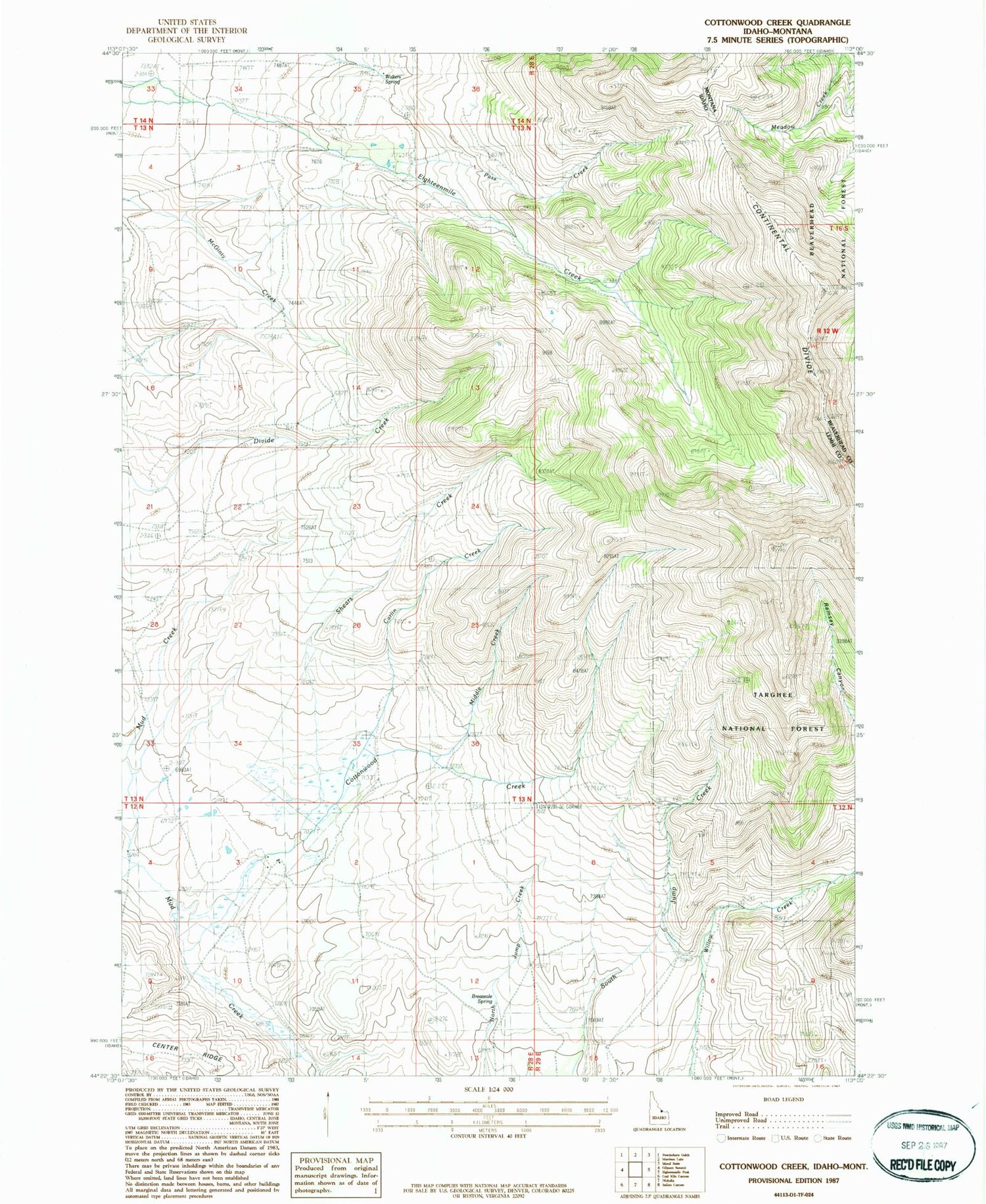 Classic USGS Cottonwood Creek Idaho 7.5'x7.5' Topo Map Image